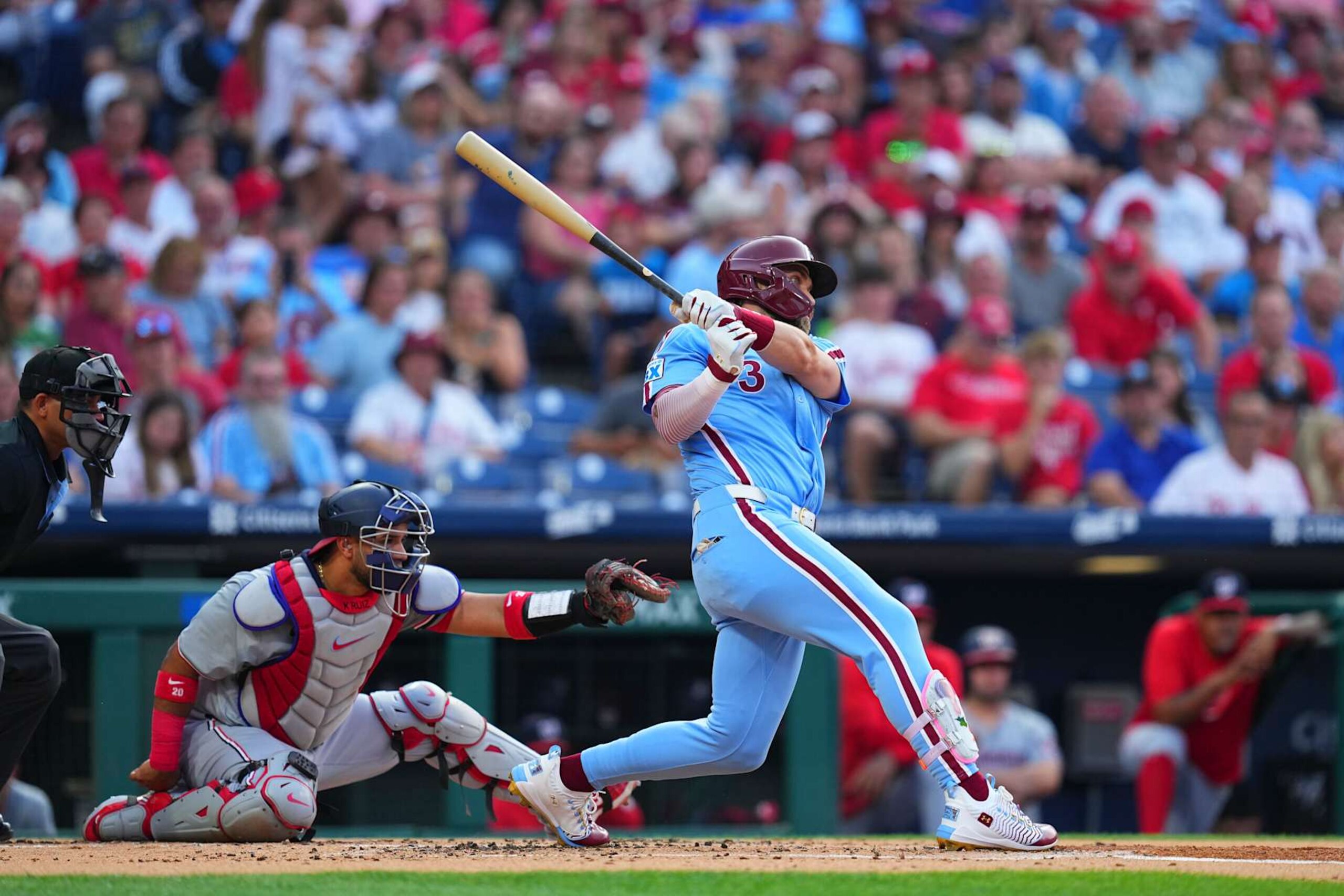 PHILADELPHIA, PENNSYLVANIA - AUGUST 15: Bryce Harper #3 of the Philadelphia Phillies bats against the Washington Nationals at Citizens Bank Park on August 15, 2024 in Philadelphia, Pennsylvania. The Phillies defeated the Nationals 13-3. (Photo by Mitchell Leff/Getty Images)