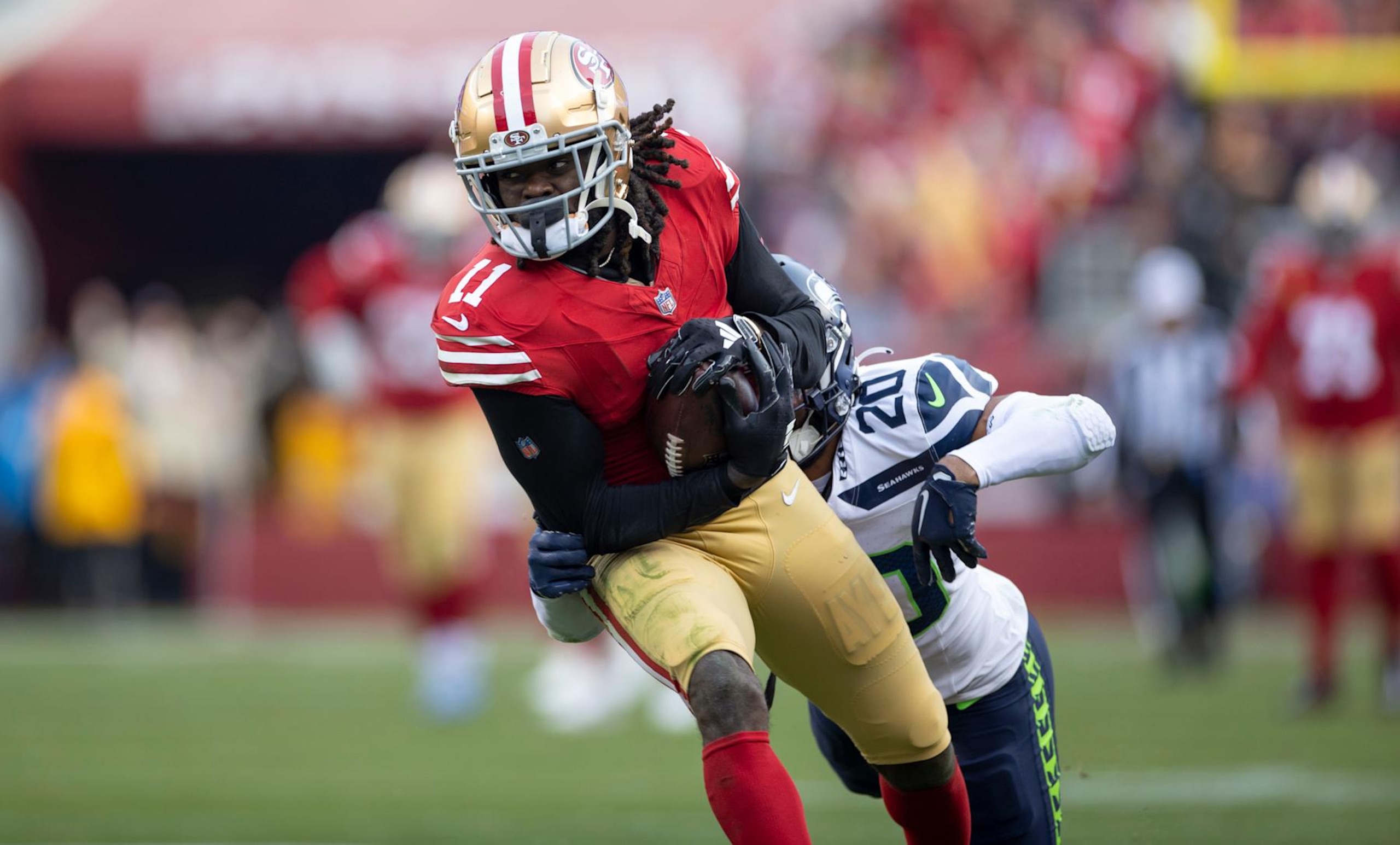 SANTA CLARA, CA - DECEMBER 10: Brandon Aiyuk #11 of the San Francisco 49ers runs after making a catch during the game against the Seattle Seahawks at Levi's Stadium on December 10, 2023 in Santa Clara, California. The 49ers defeated the Seahawks 28-16. (Photo by Michael Zagaris/San Francisco 49ers/Getty Images) SANTA CLARA, CA - DECEMBER 10: Brandon Aiyuk #11 of the San Francisco 49ers runs after making a catch during the game against the Seattle Seahawks at Levi's Stadium on December 10, 2023 in Santa Clara, California. The 49ers defeated the Seahawks 28-16. (Photo by Michael Zagaris/San Francisco 49ers/Getty Images)