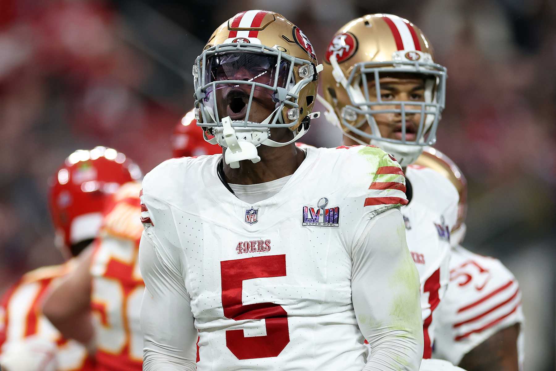 LAS VEGAS, NEVADA - FEBRUARY 11: Randy Gregory #5 of the San Francisco 49ers reacts in the first quarter against the Kansas City Chiefs during Super Bowl LVIII at Allegiant Stadium on February 11, 2024 in Las Vegas, Nevada. (Photo by Ezra Shaw/Getty Images)