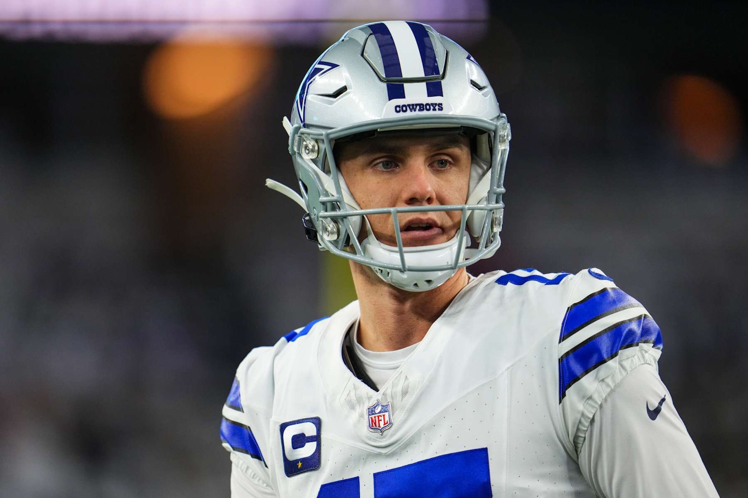 DALLAS, TX - JANUARY 14: Brandon Aubrey #17 of the Dallas Cowboys warms up prior to an NFL wild-card playoff football game against the Green Bay Packers at AT&T Stadium on January 14, 2024 in Dallas, Texas. (Photo by Cooper Neill/Getty Images)