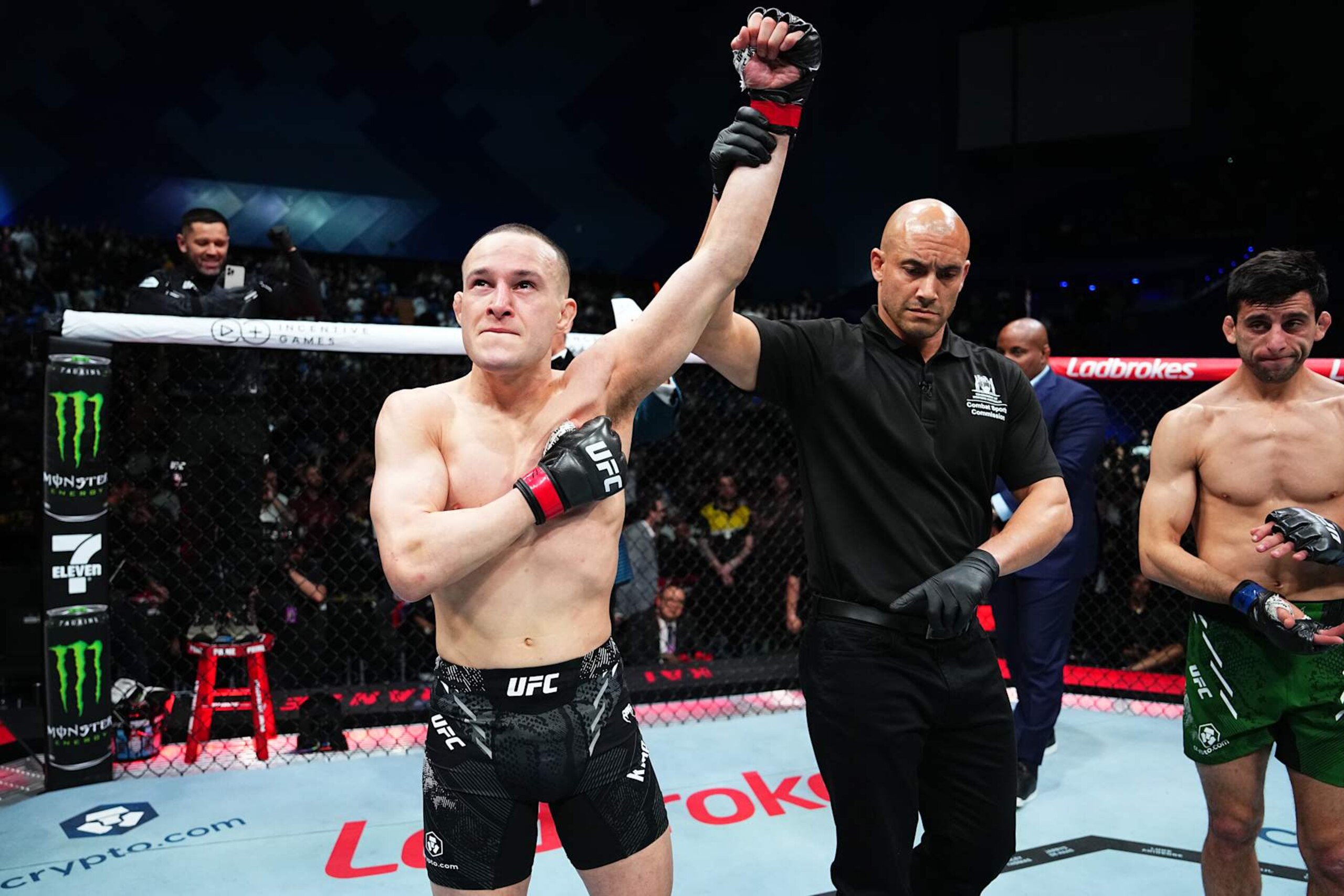 PERTH, AUSTRALIA - AUGUST 18: Kai Kara-France of New Zealand reacts after his knockout victory against Steve Erceg of Australia in a flyweight fight during the UFC 305 event at RAC Arena on August 18, 2024 in Perth, Australia. (Photo by Jeff Bottari/Zuffa LLC)