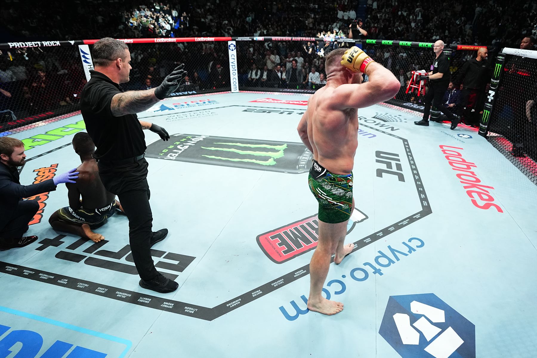 Dricus Du Plessis reacts after his submission victory against Israel Adesanya at UFC 305