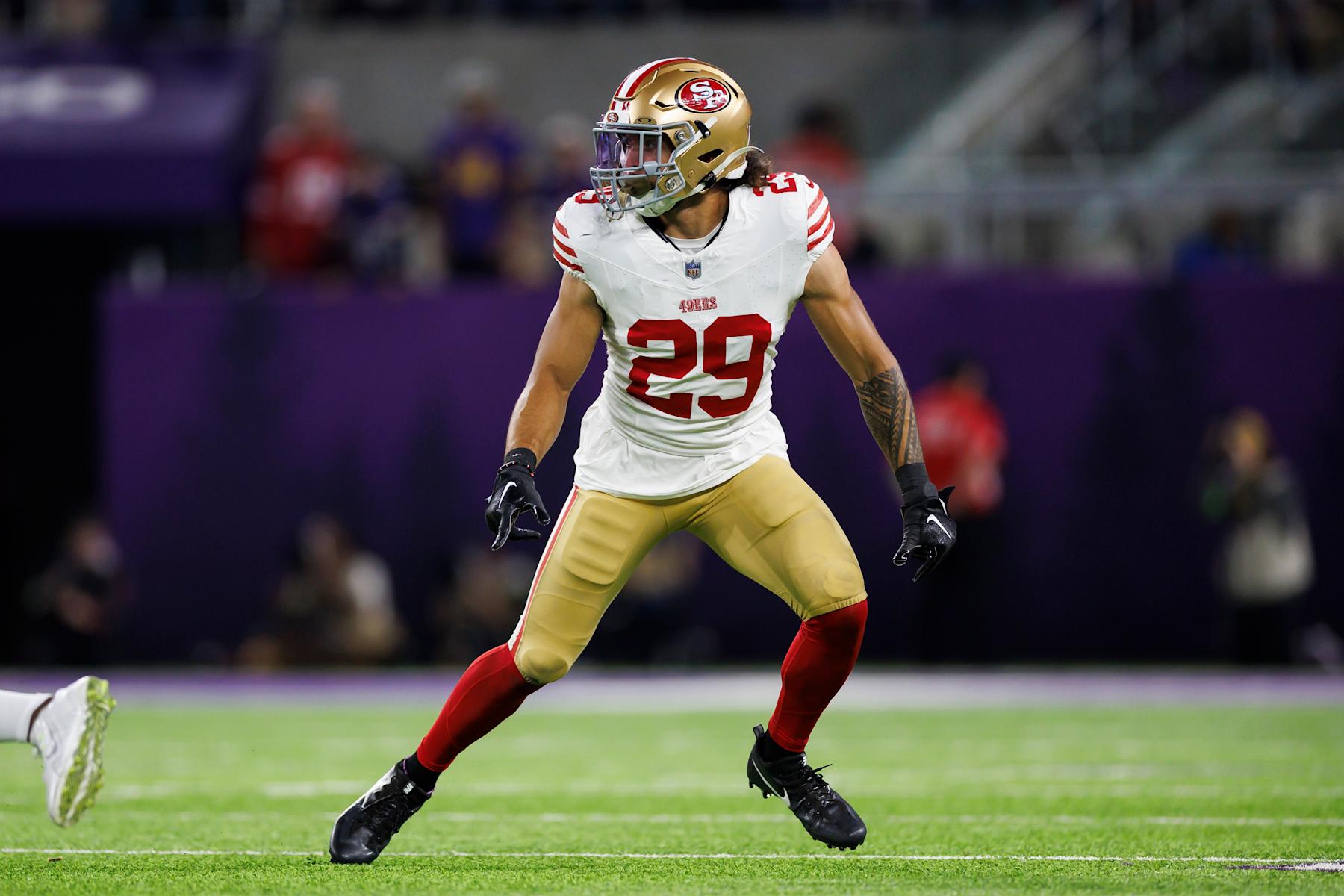 MINNEAPOLIS, MINNESOTA - OCTOBER 23: Talanoa Hufanga #29 of the San Francisco 49ers defends in coverage during an NFL football game against the Minnesota Vikings at U.S. Bank Stadium  on October 23, 2023 in Minneapolis, Minnesota. (Photo by Ryan Kang/Getty Images)