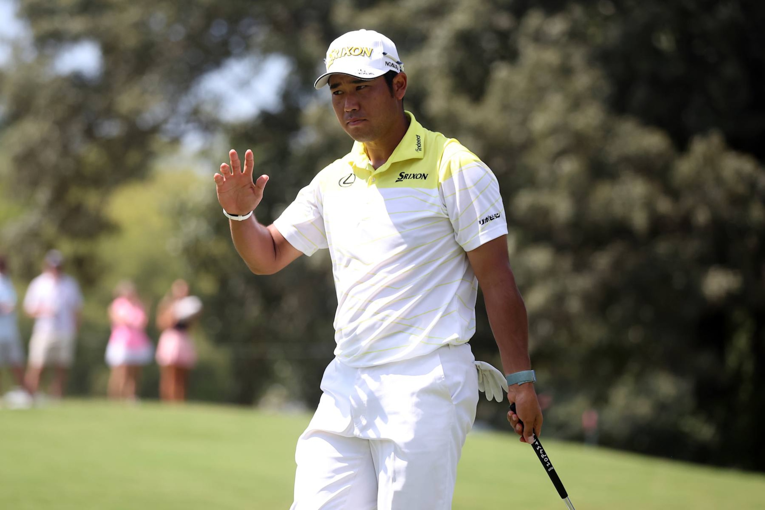 MEMPHIS, TN - AUGUST 18: Hideki Matsuyama (JAP) waves to the crowd after a 38 foot birdie putt on the 8th hole during the final round of the 2024 FedEx St. Jude Championship on August 18, 2024 at TPC Southwind in Memphis, Tennessee.  (Photo by Michael Wade/Icon Sportswire via Getty Images)