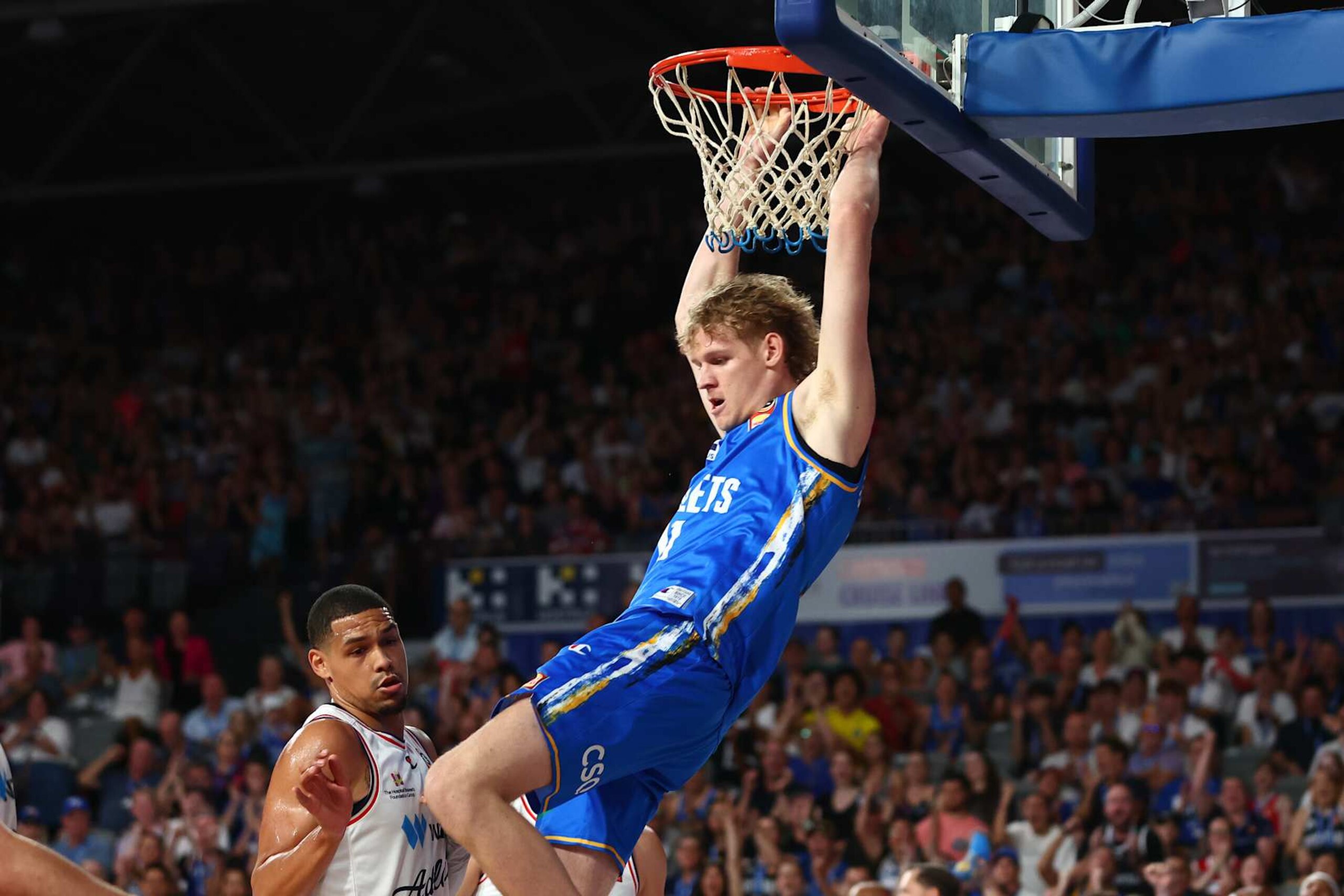 BRISBANE, AUSTRALIA - FEBRUARY 09: Rocco Zikarsky of the Bullets dunks during the round 19 NBL match between Brisbane Bullets and Adelaide 36ers at Nissan Arena, on February 09, 2024, in Brisbane, Australia. (Photo by Chris Hyde/Getty Images)