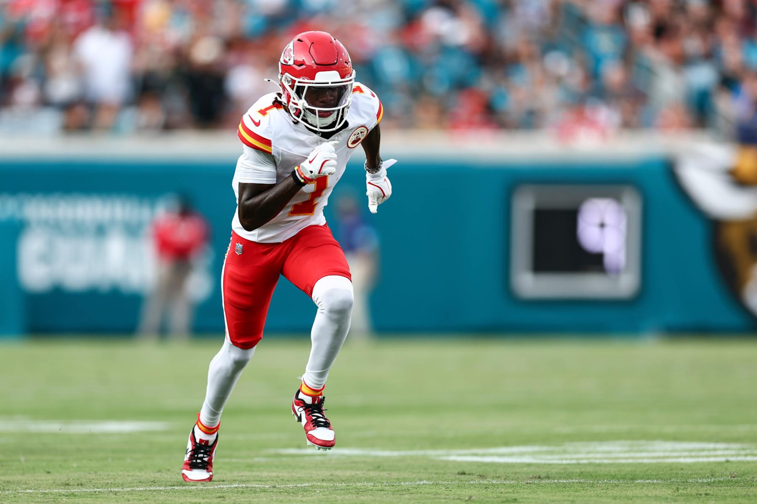 JACKSONVILLE, FL - AUGUST 10: Xavier Worthy #1 of the Kansas City Chiefs runs downfield during an NFL preseason football game against the Jacksonville Jaguars at EverBank Stadium on August 10, 2024 in Jacksonville, Florida. (Photo by Kevin Sabitus/Getty Images)