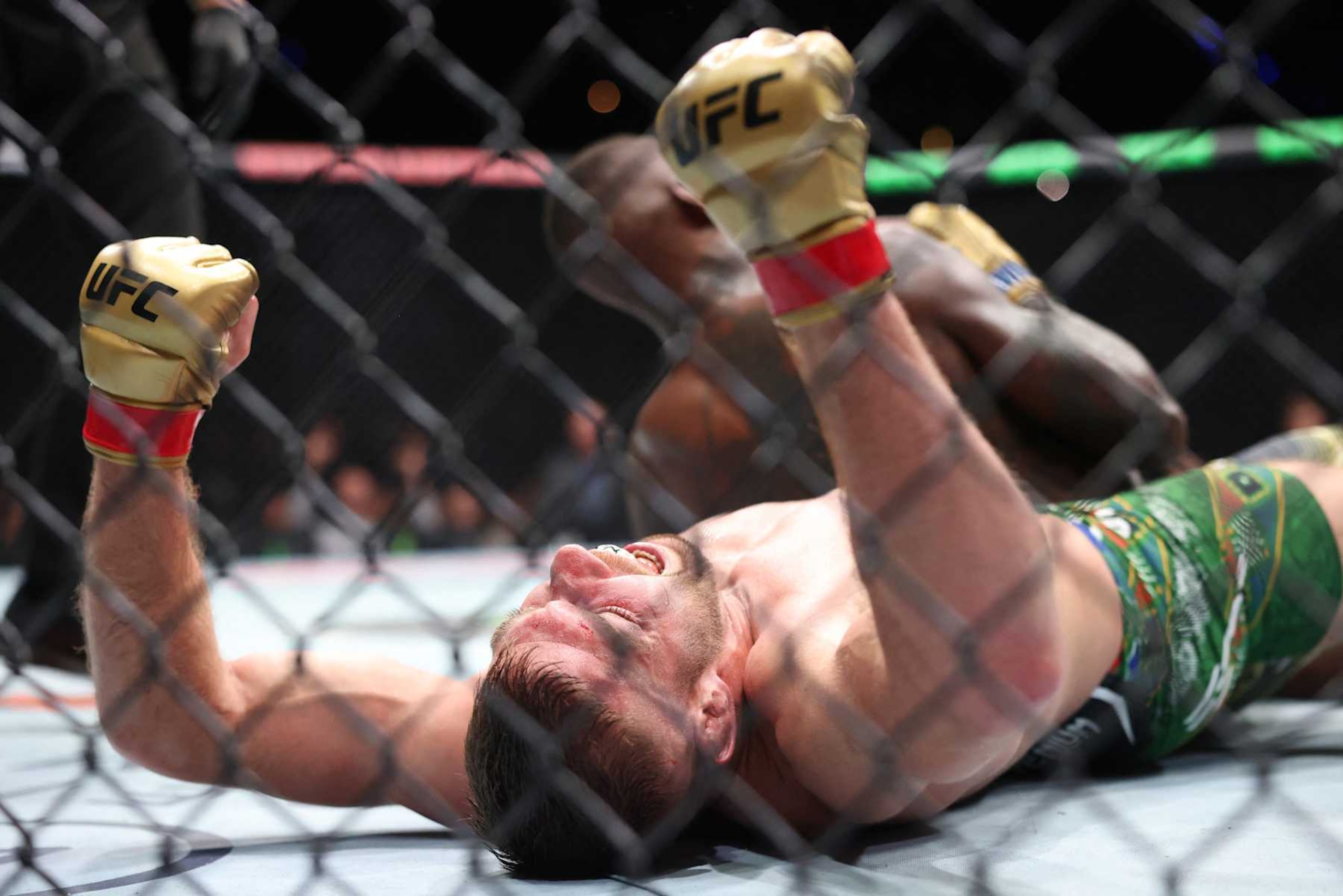 Dricus Du Plessis reacts after beating Israel Adesanya at UFC 305.