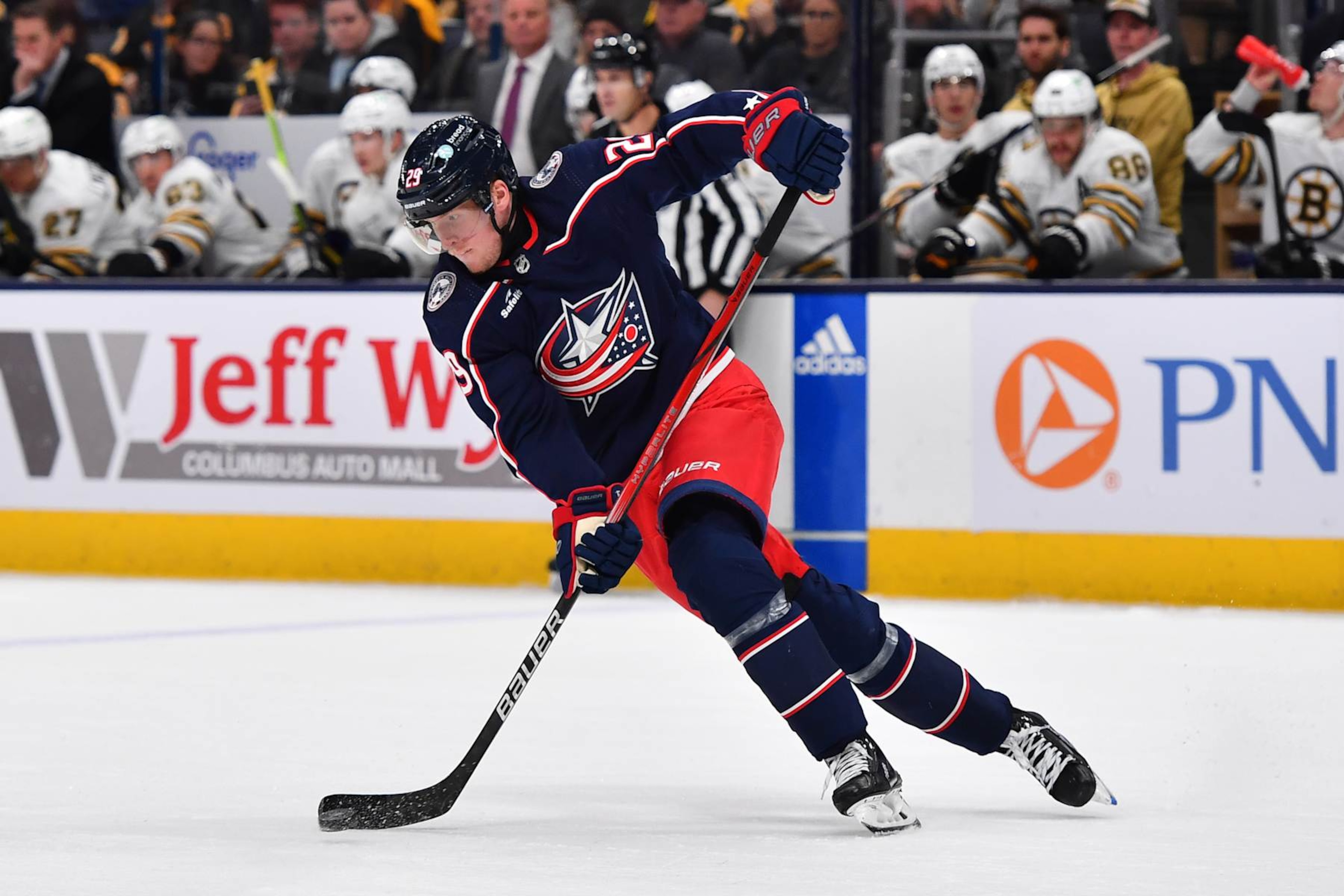 COLUMBUS, OHIO - NOVEMBER 27: Patrik Laine #29 of the Columbus Blue Jackets skates with the puck during the second period of a game against the Boston Bruins at Nationwide Arena on November 27, 2023 in Columbus, Ohio. (Photo by Ben Jackson/NHLI via Getty Images) COLUMBUS, OHIO - NOVEMBER 27: Patrik Laine #29 of the Columbus Blue Jackets skates with the puck during the second period of a game against the Boston Bruins at Nationwide Arena on November 27, 2023 in Columbus, Ohio. (Photo by Ben Jackson/NHLI via Getty Images)
