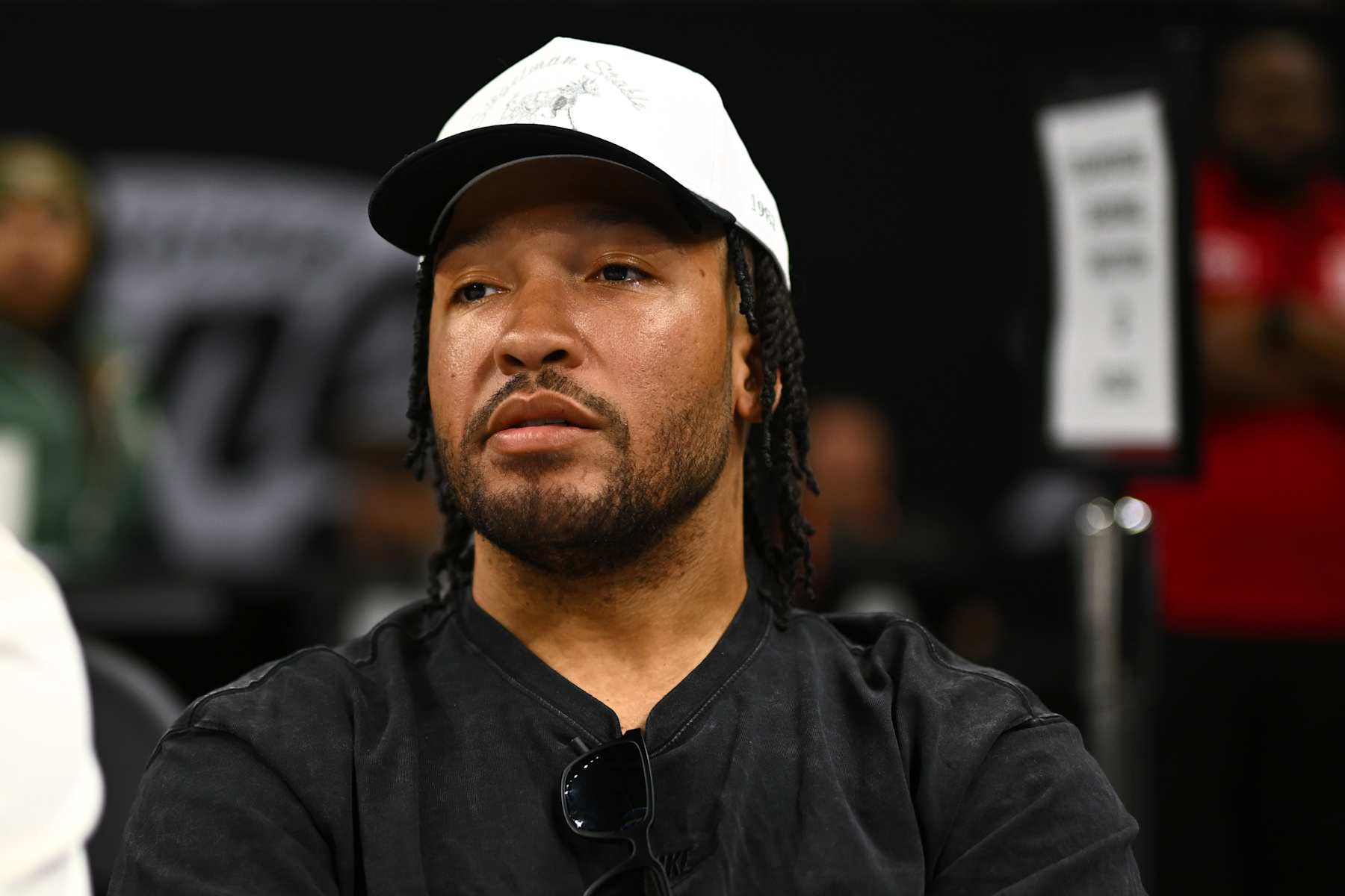 CHICAGO, ILLINOIS - JUNE 23: Jalen Brunson of the New York Knicks looks on during the first half of the game between the Chicago Sky and the Indiana Fever at Wintrust Arena on June 23, 2024 in Chicago, Illinois.  NOTE TO USER: User expressly acknowledges and agrees that, by downloading and or using this photograph, User is consenting to the terms and conditions of the Getty Images License Agreement. (Photo by Quinn Harris/Getty Images)