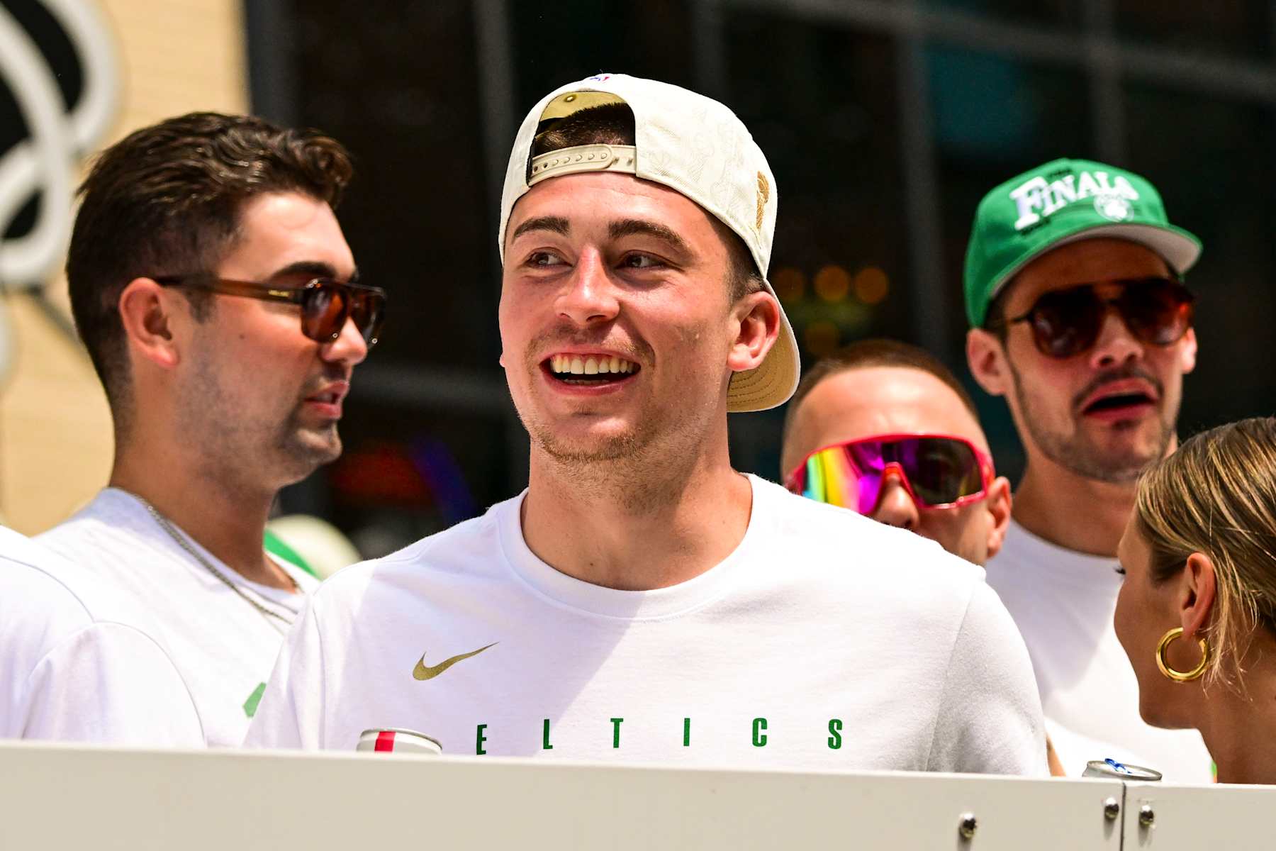 BOSTON, MASSACHUSETTS - JUNE 21: Payton Pritchard #11 of the Boston Celtics reacts during the 2024 Boston Celtics championship parade following their 2024 NBA Finals win on June 21, 2024 in Boston, Massachusetts.  (Photo by Billie Weiss/Getty Images)