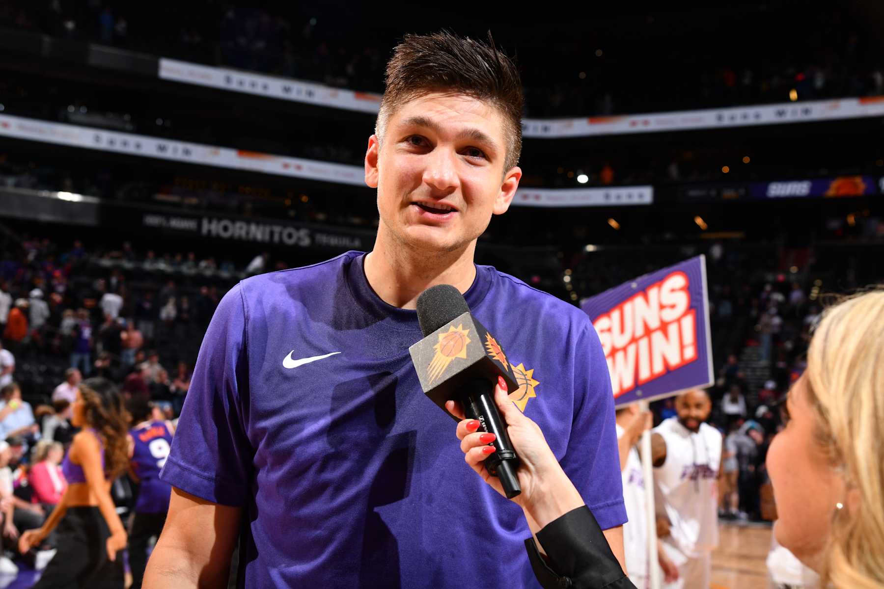 PHOENIX, AZ - APRIL 5: Grayson Allen #8 of the Phoenix Suns talks to the media after the game against the Minnesota Timberwolves on April 5, 2024 at Footprint Center in Phoenix, Arizona. NOTE TO USER: User expressly acknowledges and agrees that, by downloading and or using this photograph, user is consenting to the terms and conditions of the Getty Images License Agreement. Mandatory Copyright Notice: Copyright 2024 NBAE (Photo by Barry Gossage/NBAE via Getty Images)