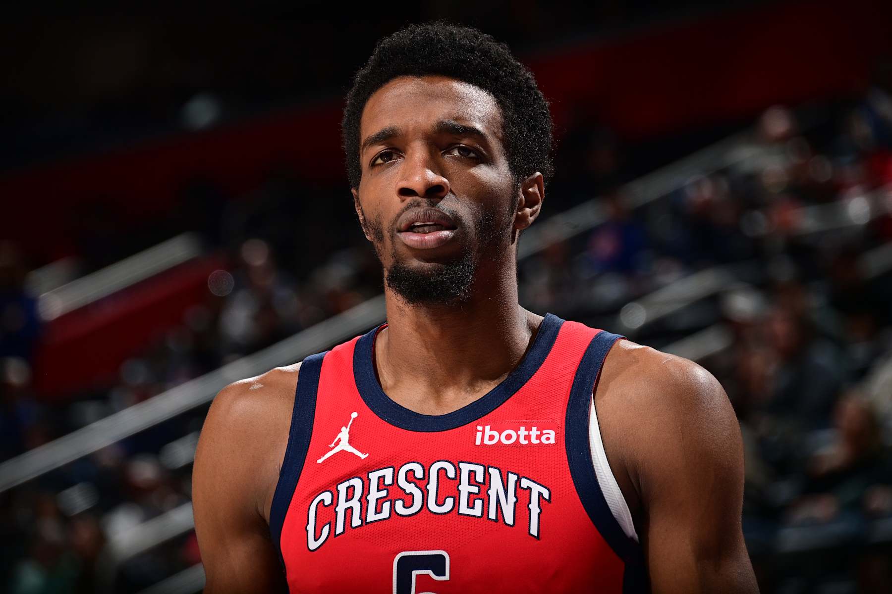 DETROIT, MI - MARCH 24: Herb Jones #5 of the New Orleans Pelicans looks on during the game against the Detroit Pistons on March 24, 2024 at Little Caesars Arena in Detroit, Michigan. NOTE TO USER: User expressly acknowledges and agrees that, by downloading and/or using this photograph, User is consenting to the terms and conditions of the Getty Images License Agreement. Mandatory Copyright Notice: Copyright 2024 NBAE (Photo by Chris Schwegler/NBAE via Getty Images)
