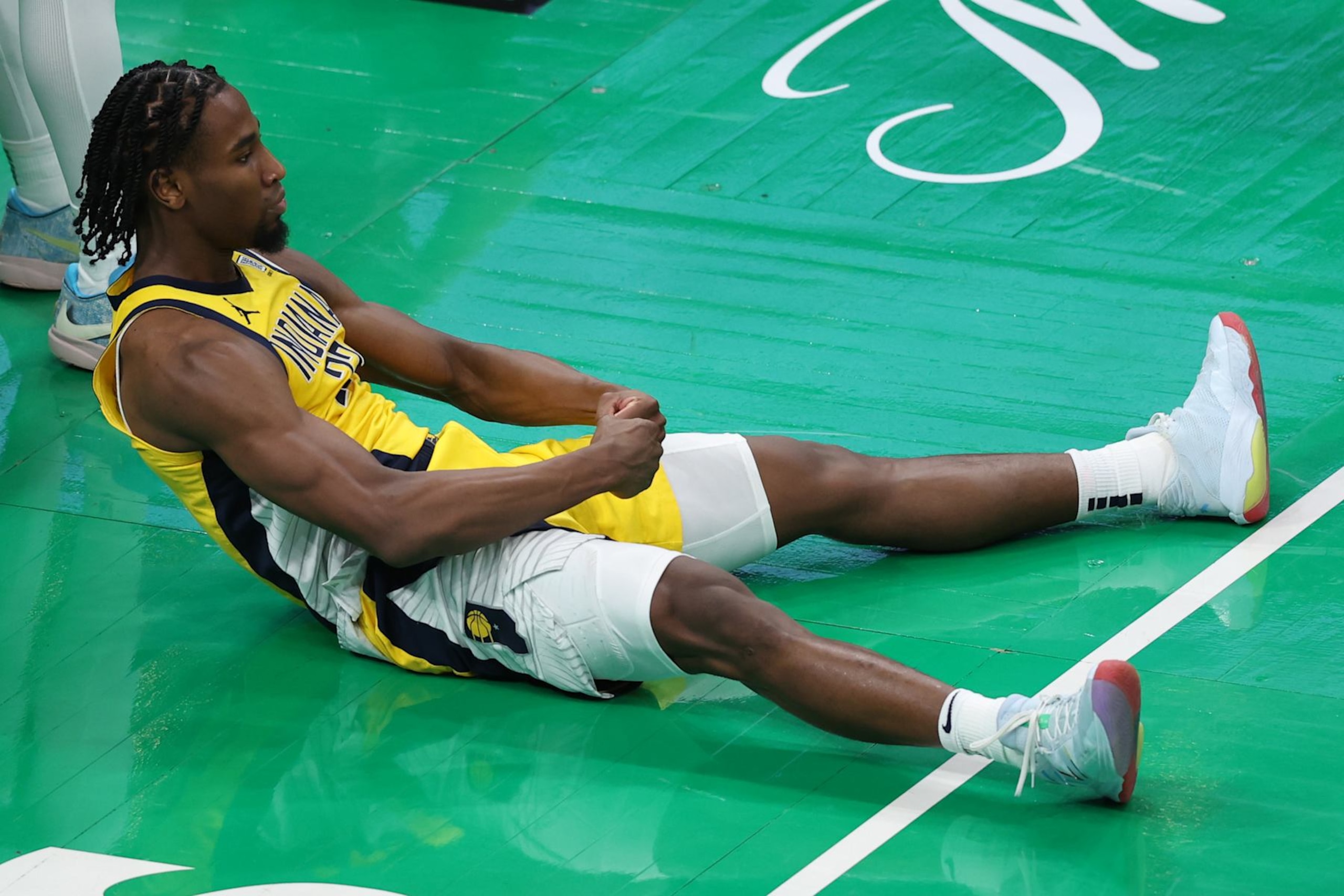 BOSTON, MASSACHUSETTS - MAY 21: Aaron Nesmith #23 of the Indiana Pacers reacts during the fourth quarter against the Boston Celtics in Game One of the Eastern Conference Finals at TD Garden on May 21, 2024 in Boston, Massachusetts. NOTE TO USER: User expressly acknowledges and agrees that, by downloading and or using this photograph, User is consenting to the terms and conditions of the Getty Images License Agreement. (Photo by Adam Glanzman/Getty Images)