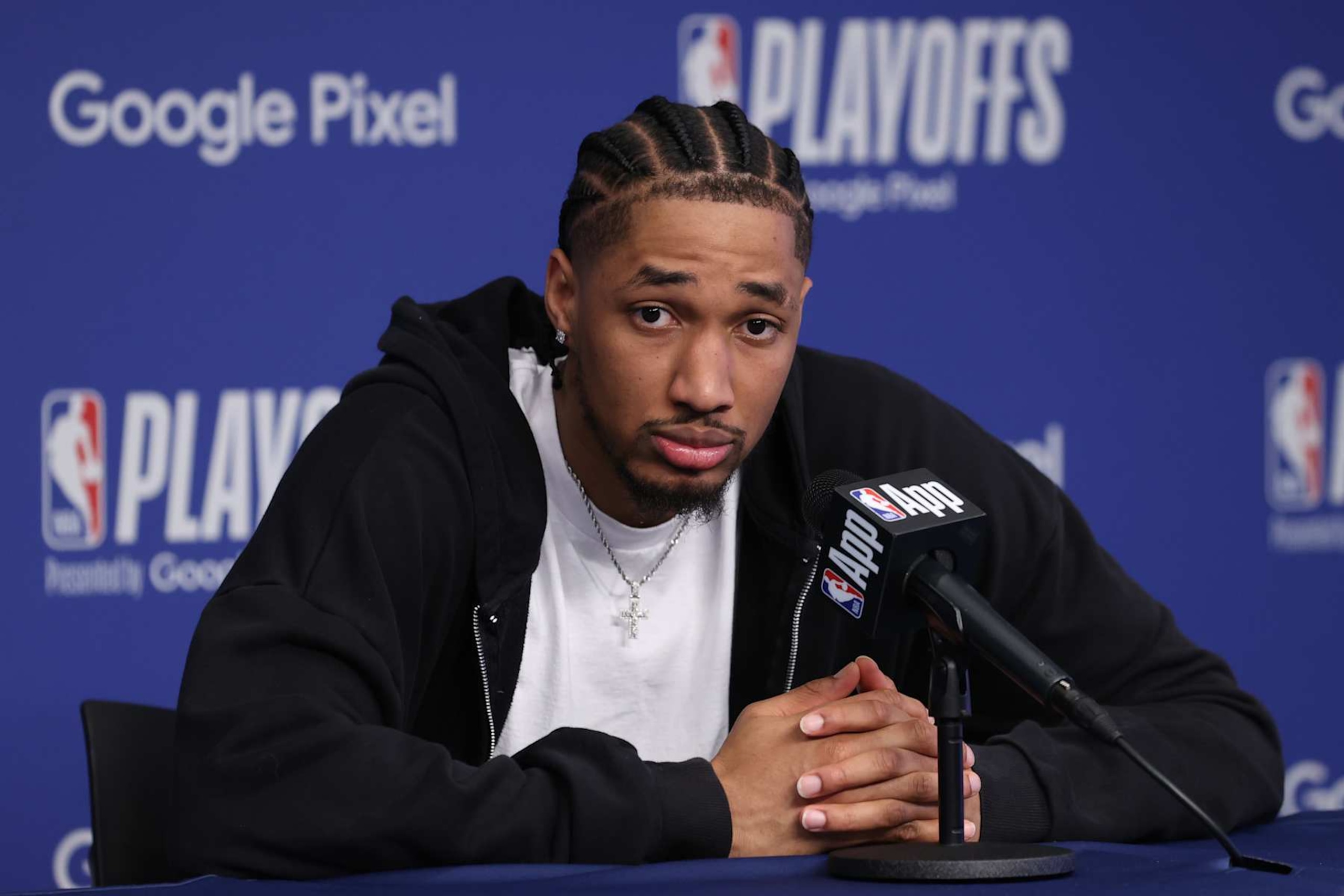 OKLAHOMA CITY, OK - MAY 7: Aaron Wiggins #21 of the Oklahoma City Thunder talks to the media after the game against the Dallas Mavericks during Round 2 Game 1 of the 2024 NBA Playoffs on May 7, 2024 at Paycom Arena in Oklahoma City, Oklahoma. NOTE TO USER: User expressly acknowledges and agrees that, by downloading and or using this photograph, User is consenting to the terms and conditions of the Getty Images License Agreement. Mandatory Copyright Notice: Copyright 2024 NBAE (Photo by Joe Murphy/NBAE via Getty Images)