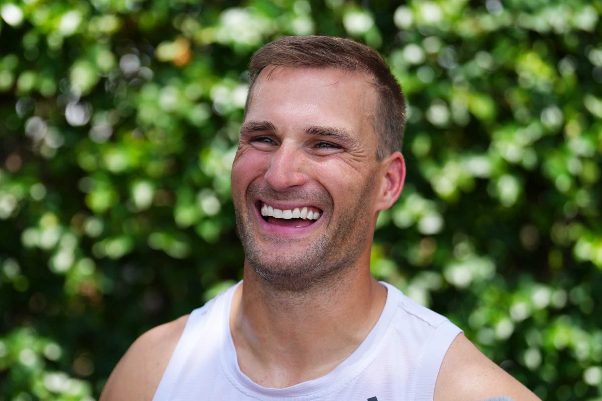 MIAMI GARDENS, FLORIDA - AUGUST 07: Kirk Cousins #18 of the Atlanta Falcons speaks to press after a training camp with the Miami Dolphins on August 07, 2024 in Miami Gardens, Florida. (Photo by Rich Storry/Getty Images)