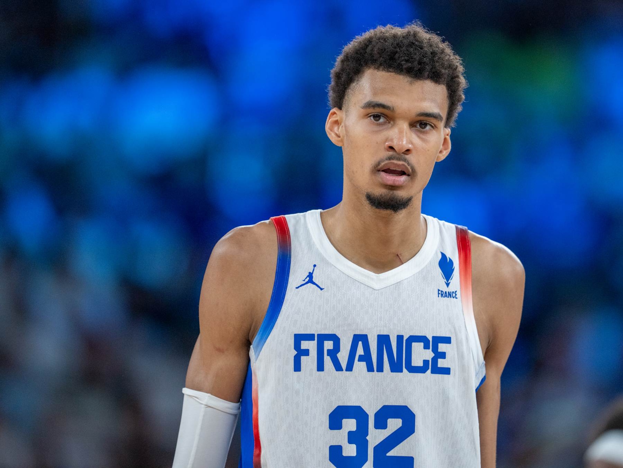 PARIS, FRANCE - AUGUST 10: Victor Wembanyama (32) of Team France looks on during the Men's Gold Medal game between Team France and Team United States on day fifteen of the Olympic Games Paris 2024 at Bercy Arena on August 10, 2024 in Paris, France. (Photo by Aytac Unal/Anadolu via Getty Images) PARIS, FRANCE - AUGUST 10: Victor Wembanyama (32) of Team France looks on during the Men's Gold Medal game between Team France and Team United States on day fifteen of the Olympic Games Paris 2024 at Bercy Arena on August 10, 2024 in Paris, France. (Photo by Aytac Unal/Anadolu via Getty Images)