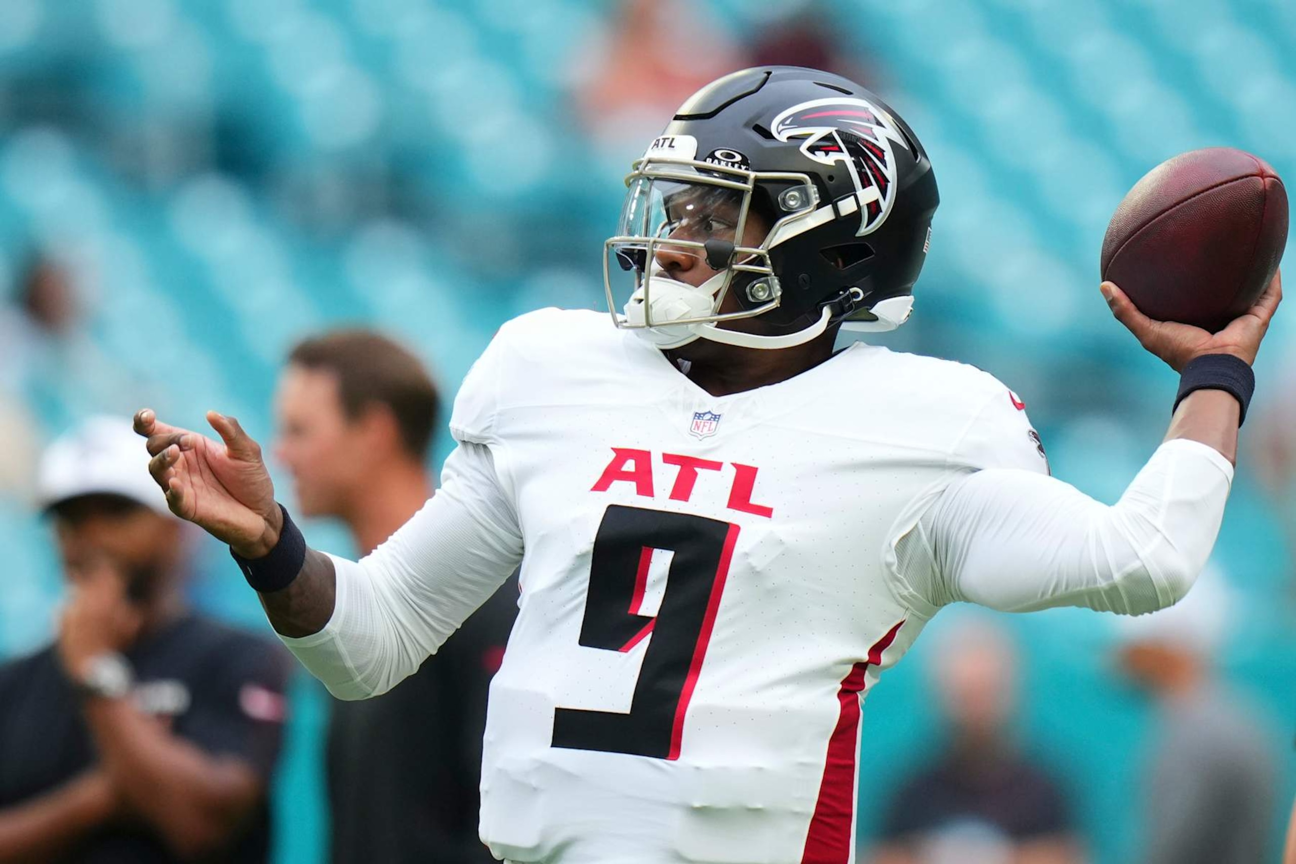 MIAMI GARDENS, FLORIDA - AUGUST 09: Michael Penix Jr. #9 of the Atlanta Falcons warms up prior to a preseason game against the Miami Dolphins at Hard Rock Stadium on August 09, 2024 in Miami Gardens, Florida. (Photo by Rich Storry/Getty Images)