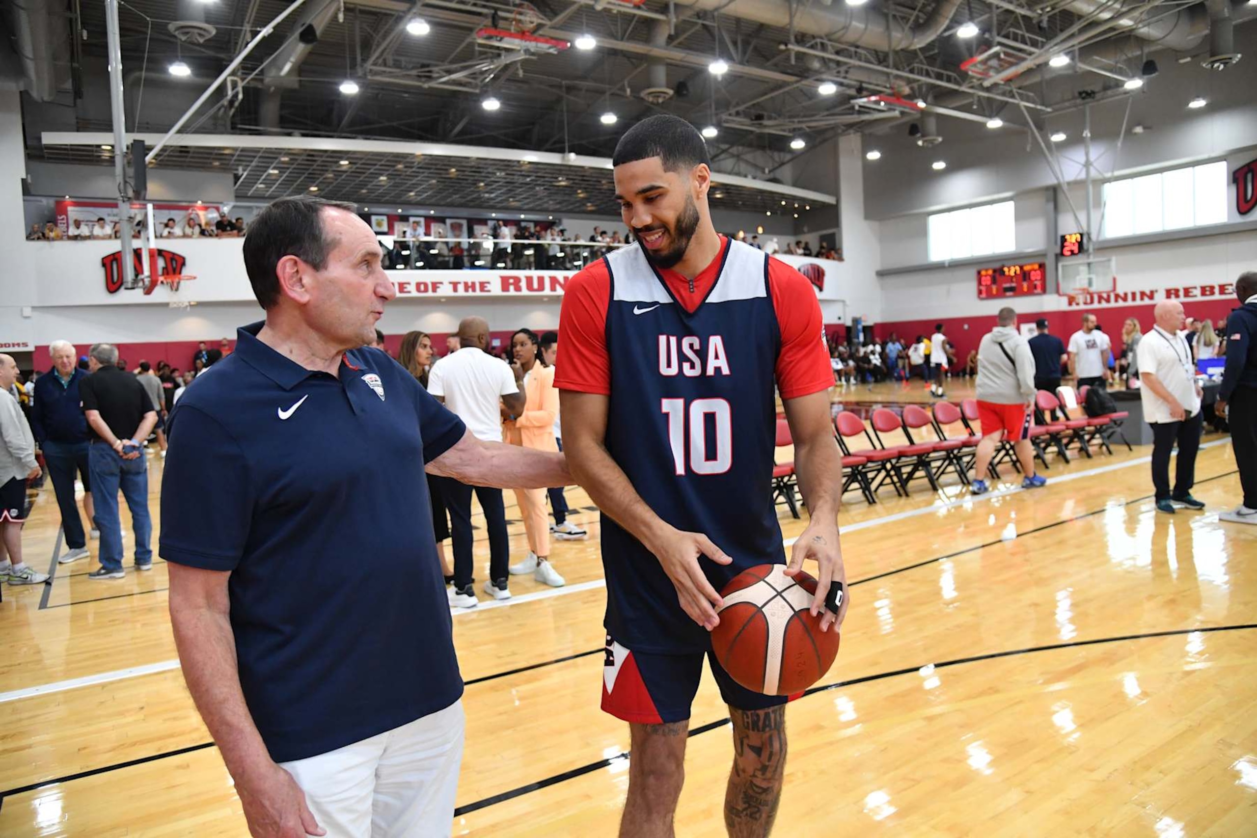 LAS VEGAS, NV - JULY 9: Mike Krzyzewski and Jayson Tatum #10 of the USAB Men's team speak during the USAB Men's Training Camp on July 9, 2024 at UNLV in Las Vegas, Nevada. NOTE TO USER: User expressly acknowledges and agrees that, by downloading and or using this photograph, User is consenting to the terms and conditions of the Getty Images License Agreement. Mandatory Copyright Notice: Copyright 2024 NBAE (Photo by Juan Ocampo/NBAE via Getty Images)