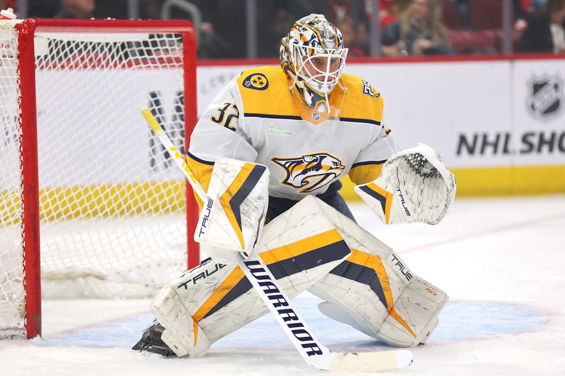 CHICAGO, ILLINOIS - APRIL 12: Kevin Lankinen #32 of the Nashville Predators makes a save against the Chicago Blackhawks during the first period at the United Center on April 12, 2024 in Chicago, Illinois. (Photo by Michael Reaves/Getty Images)