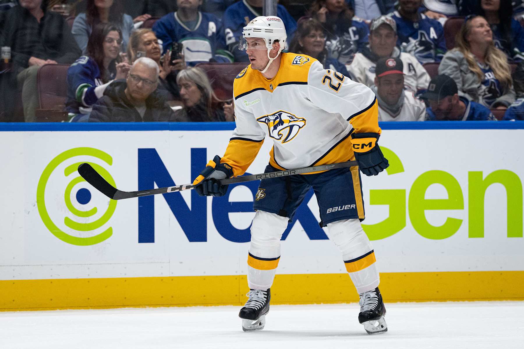 VANCOUVER, BC - APRIL 30: Nashville Predators defenseman Tyson Barrie (22) waits for a face off during Game Five of the First Round of the 2024 Stanley Cup playoffs between the Nashville Predators and the Vancouver Canucks on April 30, 2024, at Rogers Arena in Vancouver, B.C. (Photo by Ethan Cairns/Icon Sportswire via Getty Images)