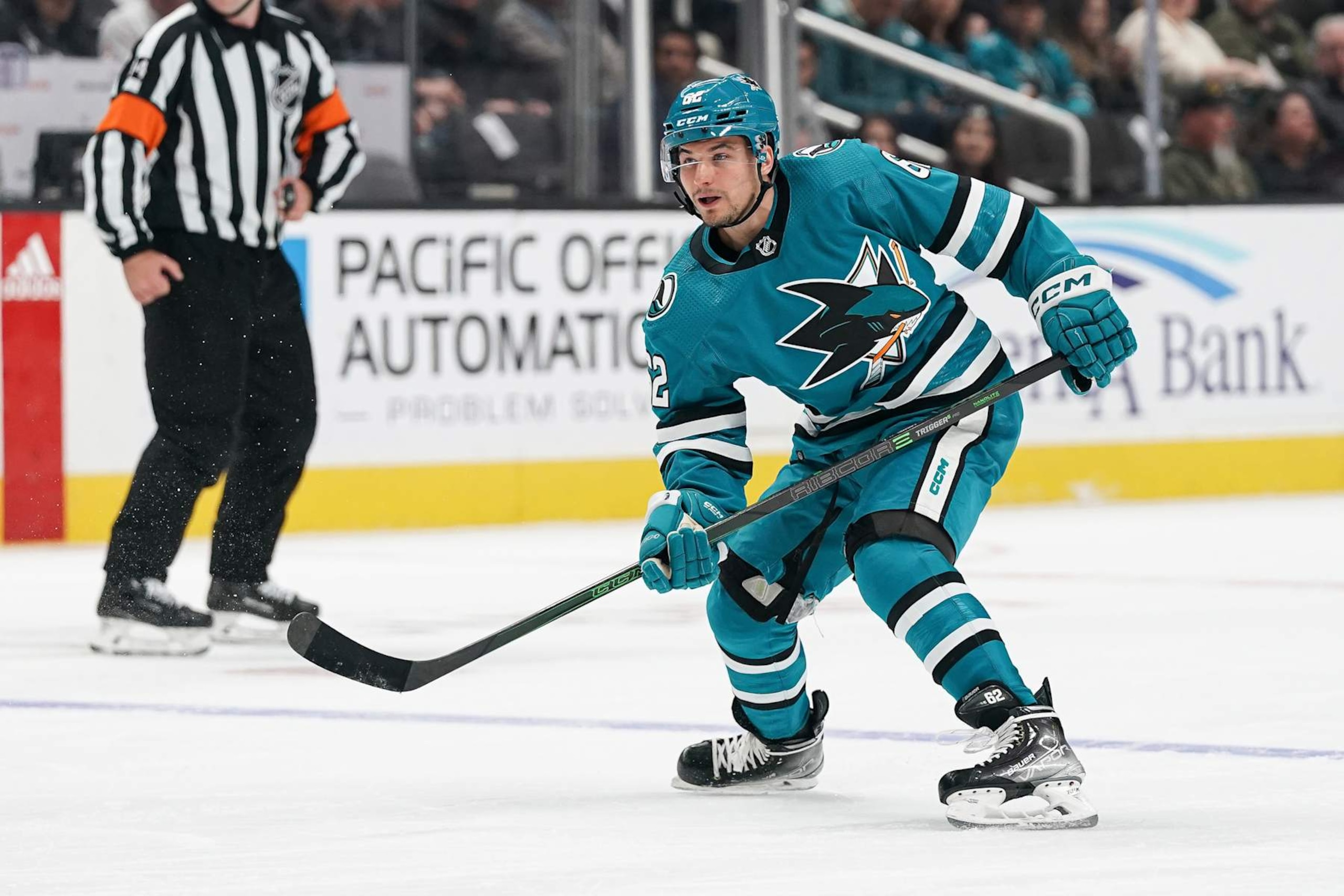 SAN JOSE, CA - APRIL 4: Kevin Labanc #62 of the San Jose Sharks takes a shot on goal against the Los Angeles Kings at SAP Center on April 4, 2024 in San Jose, California. (Photo by Kavin Mistry/NHLI via Getty Images) SAN JOSE, CA - APRIL 4: Kevin Labanc #62 of the San Jose Sharks takes a shot on goal against the Los Angeles Kings at SAP Center on April 4, 2024 in San Jose, California. (Photo by Kavin Mistry/NHLI via Getty Images)