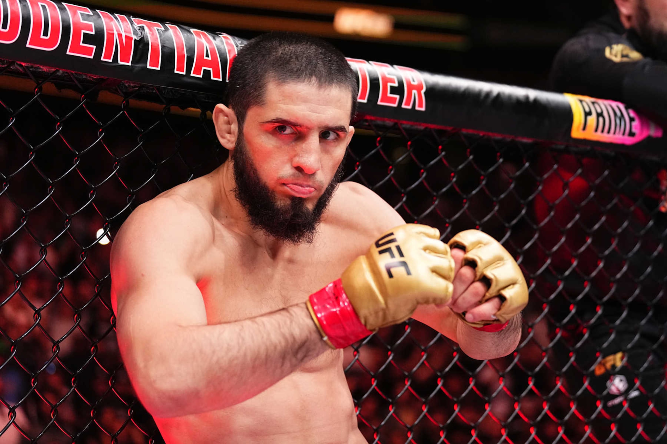 NEWARK, NEW JERSEY - JUNE 01: Islam Makhachev of Russia prepares to face Dustin Poirier in the UFC lightweight championship fight during the UFC 302 event at Prudential Center on June 01, 2024 in Newark, New Jersey. (Photo by Jeff Bottari/Zuffa LLC via Getty Images)
