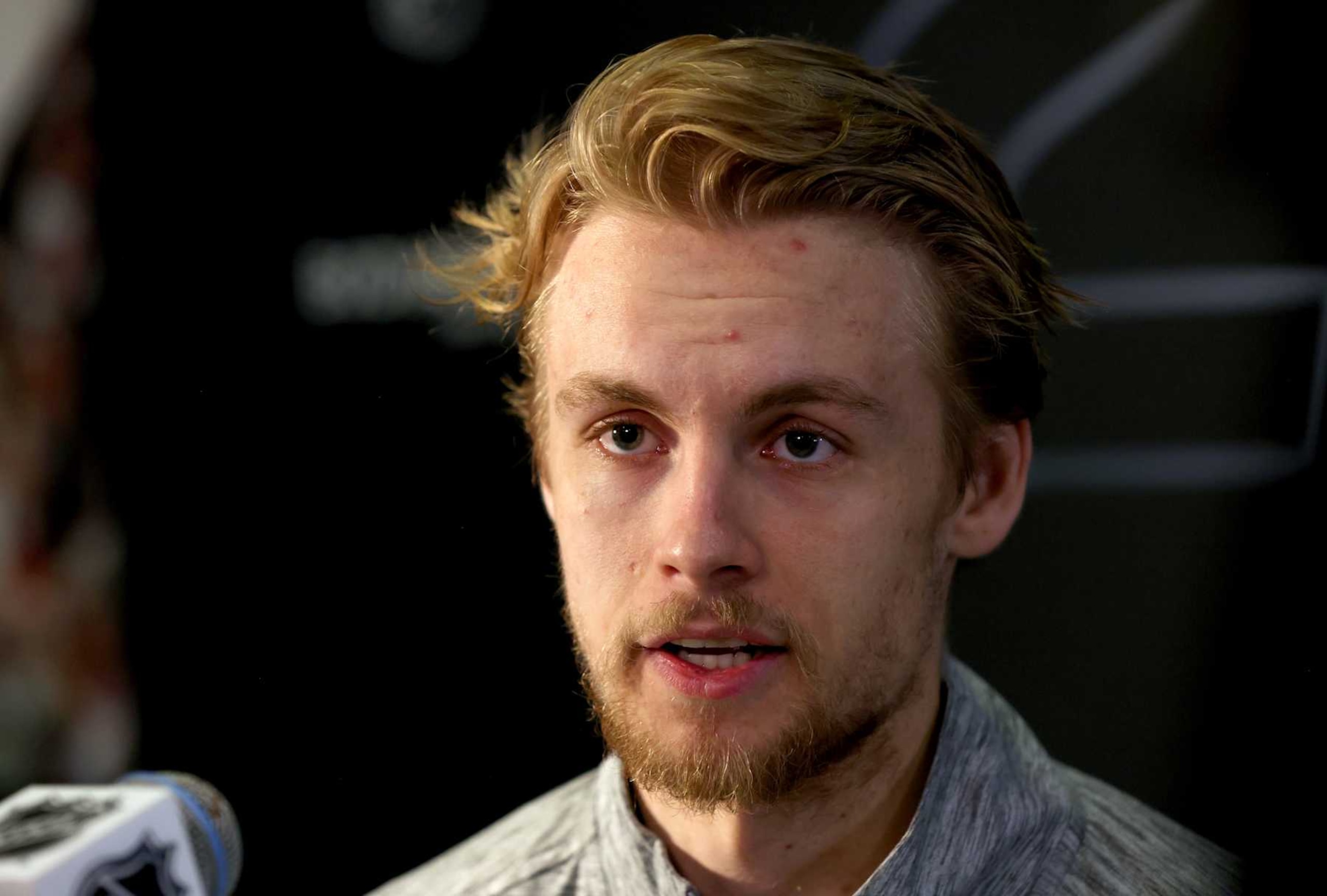 SUNRISE, FLORIDA - JUNE 07: Philip Broberg #86 of the Edmonton Oilers speaks to the media during Media Day ahead of Game One of the 2024 Stanley Cup Final between the Edmonton Oilers and the Florida Panthers at Amerant Bank Arena on June 07, 2024 in Sunrise, Florida. (Photo by Dave Sandford/NHLI via Getty Images)