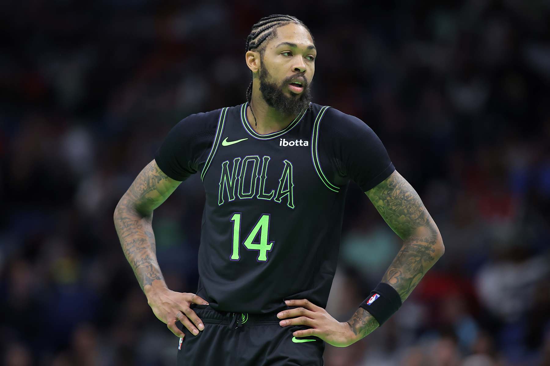 NEW ORLEANS, LOUISIANA - NOVEMBER 17: Brandon Ingram #14 of the New Orleans Pelicans reacts against the Denver Nuggets during the first half of an NBA In-Season Tournament game at the Smoothie King Center on November 17, 2023 in New Orleans, Louisiana. NOTE TO USER: User expressly acknowledges and agrees that, by downloading and or using this Photograph, user is consenting to the terms and conditions of the Getty Images License Agreement. (Photo by Jonathan Bachman/Getty Images)