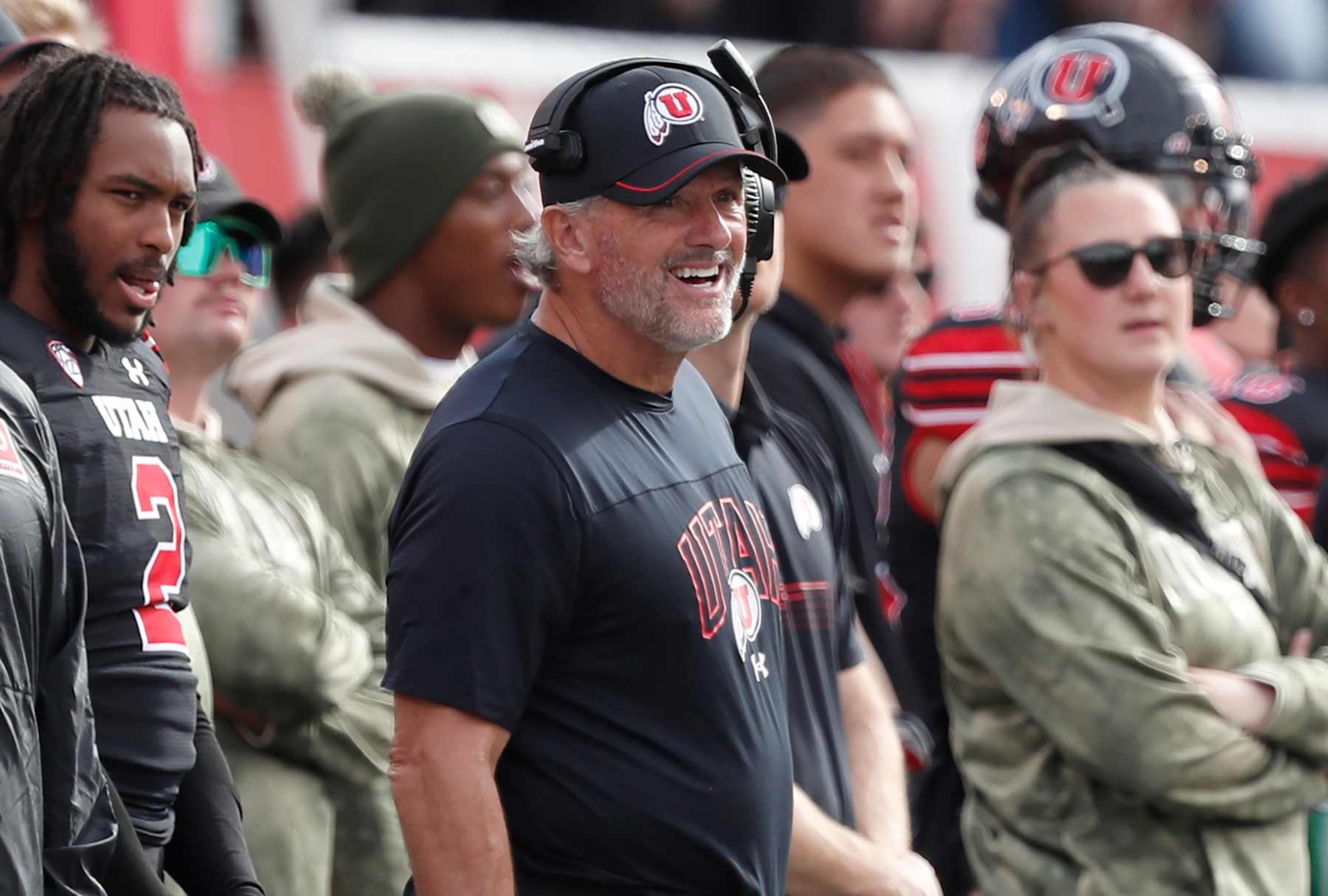 SALT LAKE CITY, UT - NOVEMBER 04: Kyle Whittingham head coach of the Utah Utes smiles after scoring agaisnt the Arizona State Sun Devils during the second half of their game at Rice Eccles Stadium on November 4, 2023 in Salt Lake City, Utah. (Photo by Chris Gardner/Getty Images) SALT LAKE CITY, UT - NOVEMBER 04: Kyle Whittingham head coach of the Utah Utes smiles after scoring agaisnt the Arizona State Sun Devils during the second half of their game at Rice Eccles Stadium on November 4, 2023 in Salt Lake City, Utah. (Photo by Chris Gardner/Getty Images)