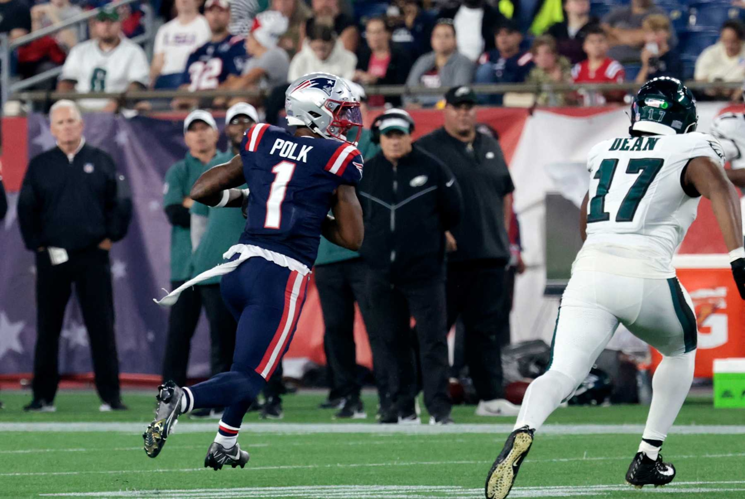 FOXBOROUGH, MA - AUGUST 15: New England Patriots wide receiver Ja'Lynn Polk (1) turns up field after a catch during a preseason game between the New England Patriots and the Philadelphia Eagles on August 15, 2024, at Gillette Stadium in Foxborough, Massachusetts. (Photo by Fred Kfoury III/Icon Sportswire via Getty Images)