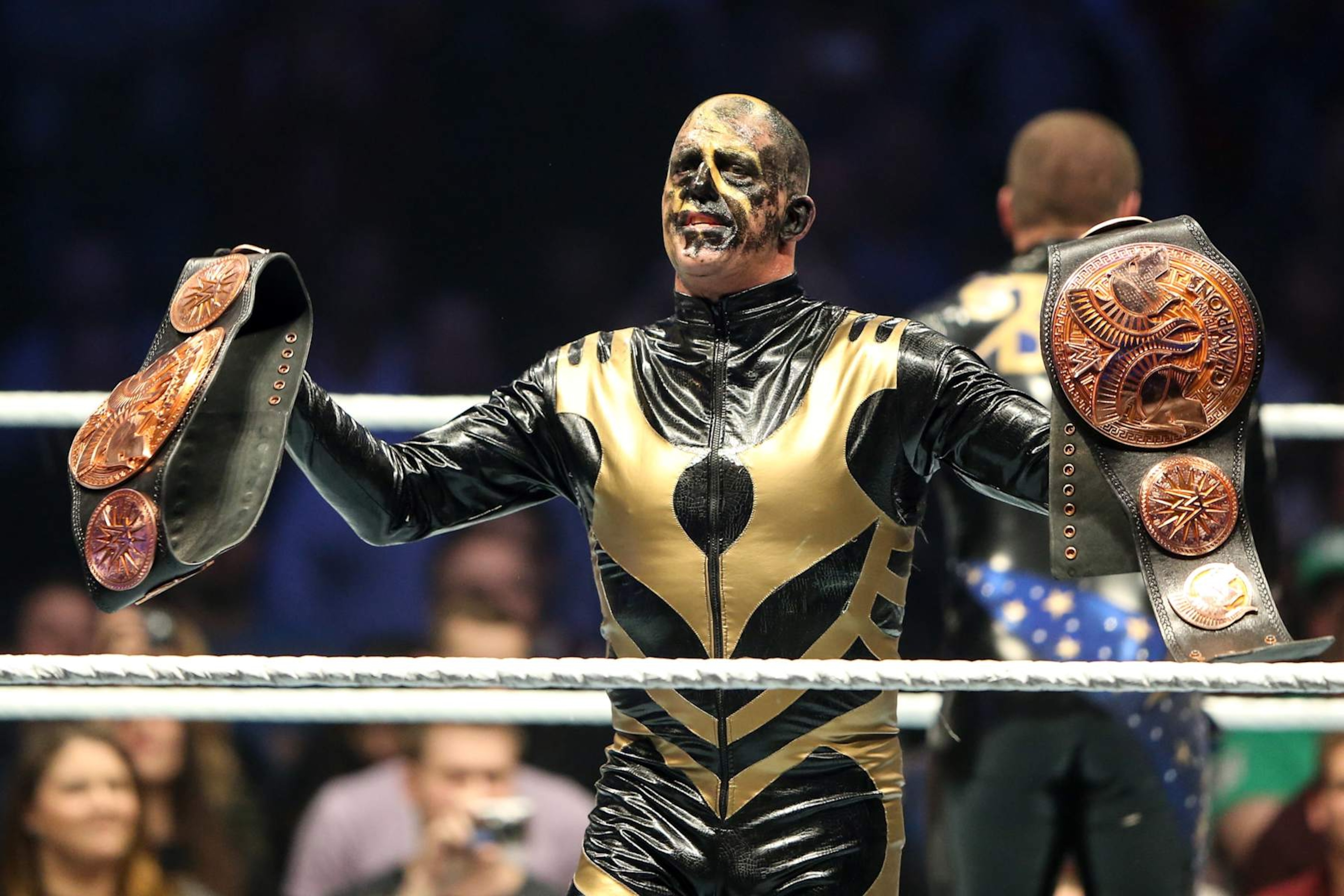FRANKFURT AM MAIN, GERMANY - NOVEMBER 15:  Goldust reacts during WWE Live 2014 at Festhalle on November 15, 2014 in Frankfurt am Main, Germany.  (Photo by Simon Hofmann/Bongarts/Getty Images)
