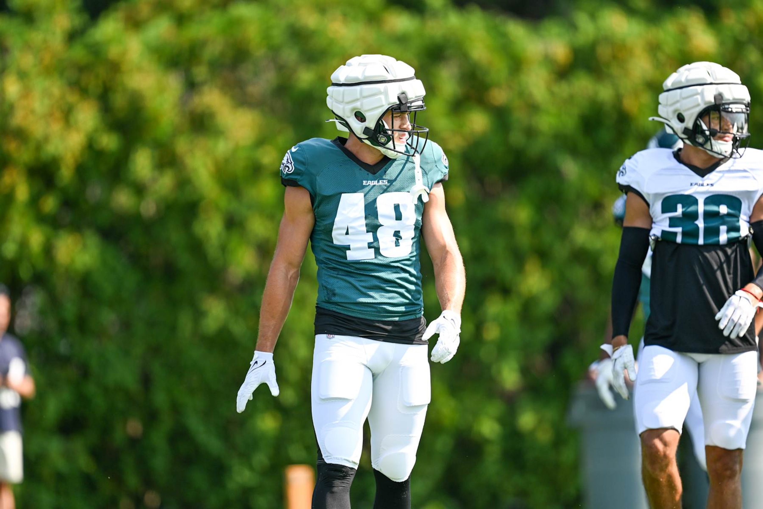 PHILADELPHIA, PA - AUGUST 05: Philadelphia Eagles linebacker Patrick Johnson (48) looks on during the Philadelphia Eagles training camp on August 5th, 2024 at the NovaCare Complex in Philadelphia, PA (Photo by Terence Lewis/Icon Sportswire via Getty Images)