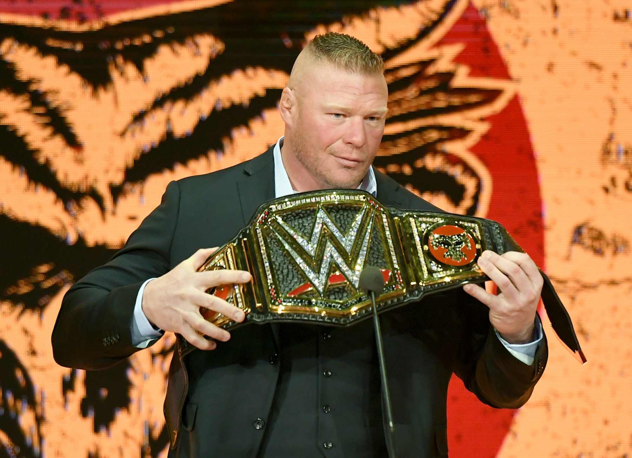 LAS VEGAS, NEVADA - OCTOBER 11:  WWE champion Brock Lesnar is introduced at a WWE news conference at T-Mobile Arena on October 11, 2019 in Las Vegas, Nevada. Lesnar will face former UFC heavyweight champion Cain Velasquez and WWE wrestler Braun Strowman will take on heavyweight boxer Tyson Fury at the WWE's Crown Jewel event at Fahd International Stadium in Riyadh, Saudi Arabia on October 31.  (Photo by Ethan Miller/Getty Images)
