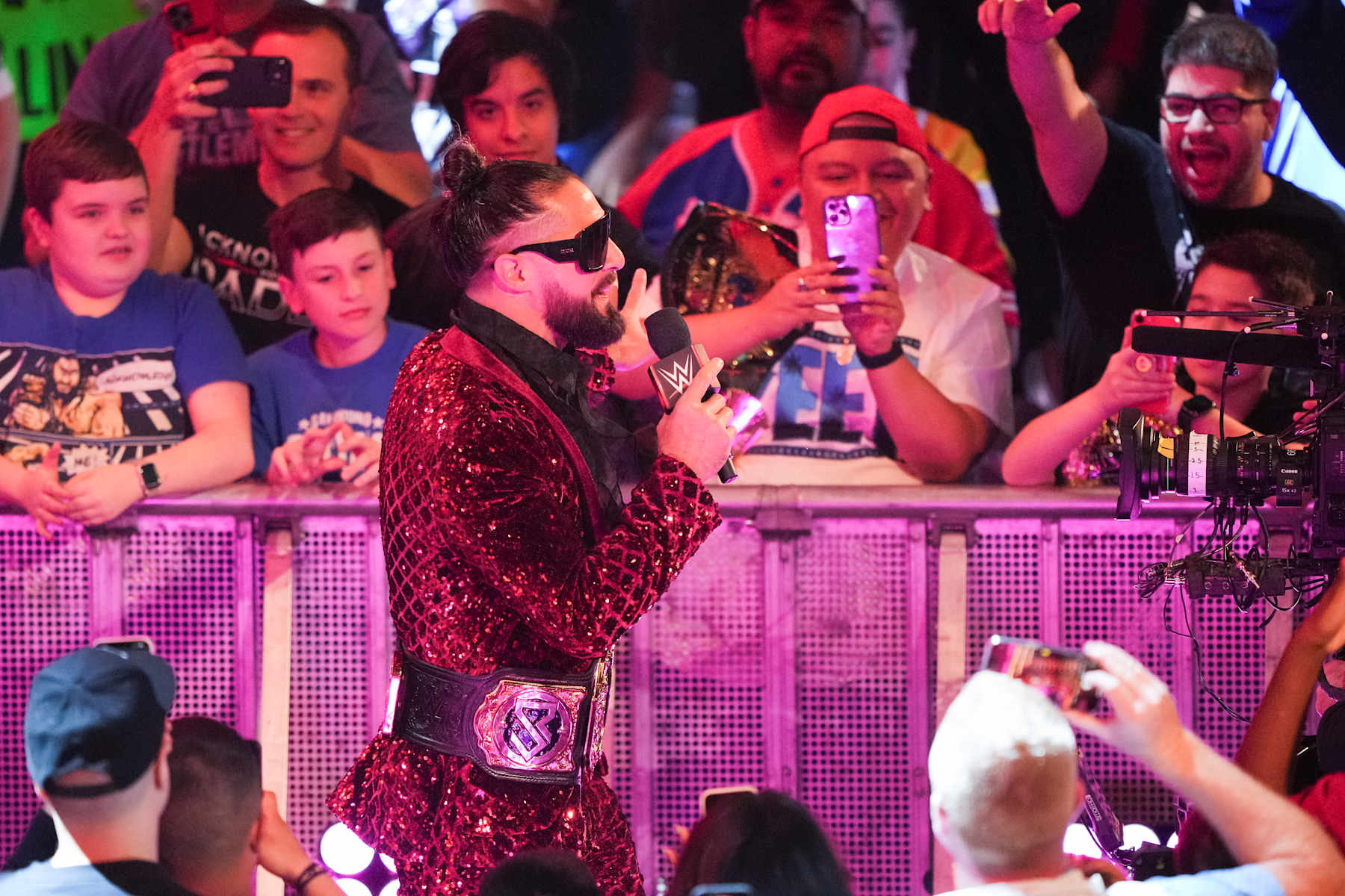 HOUSTON, TEXAS - MARCH 11: Seth Rollins is introduced during WWE Monday Night RAW at Toyota Center on March 11, 2024 in Houston, Texas. (Photo by Alex Bierens de Haan/Getty Images)