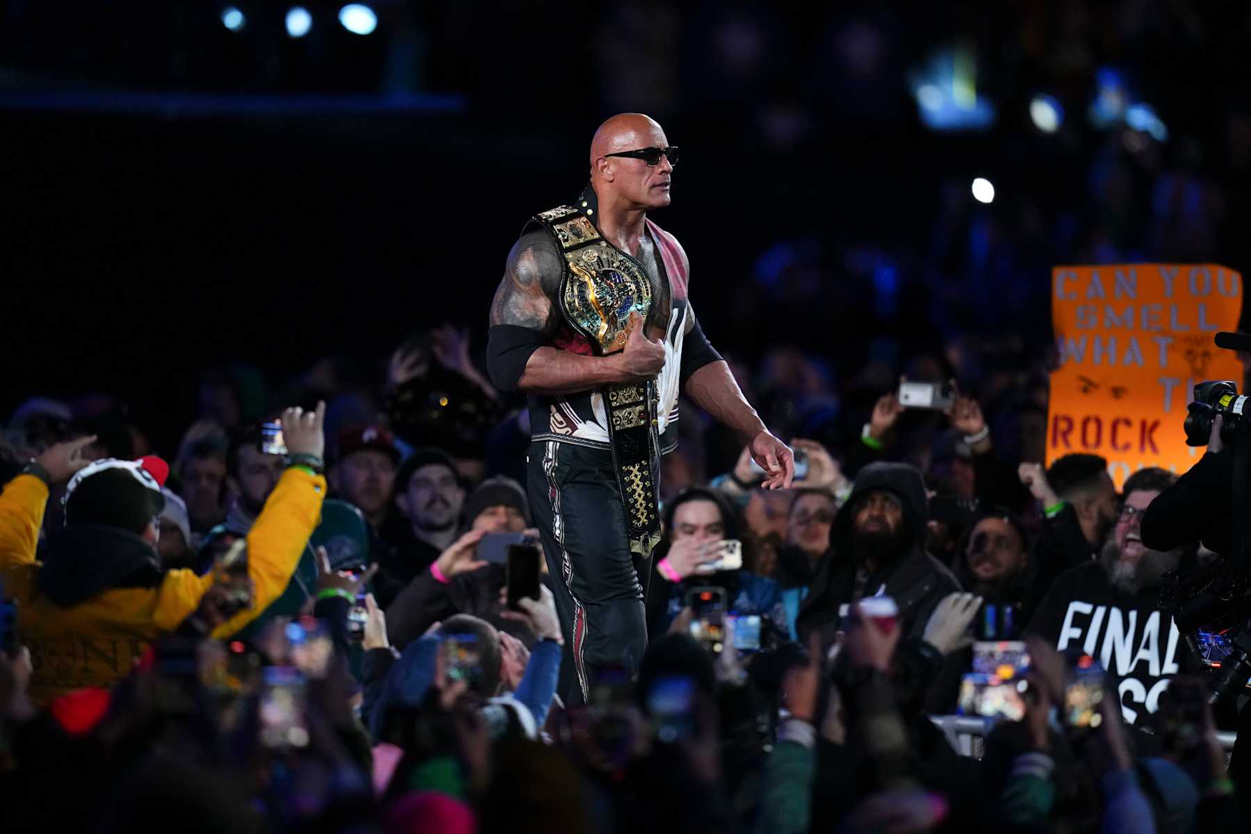 PHILADELPHIA, PENNSYLVANIA - APRIL 6: The Rock making his entrance to the ring at WrestleMania 40 at Lincoln Financial Field on April 6, 2024 in Philadelphia, Pennsylvania. (Photo by WWE/Getty Images)