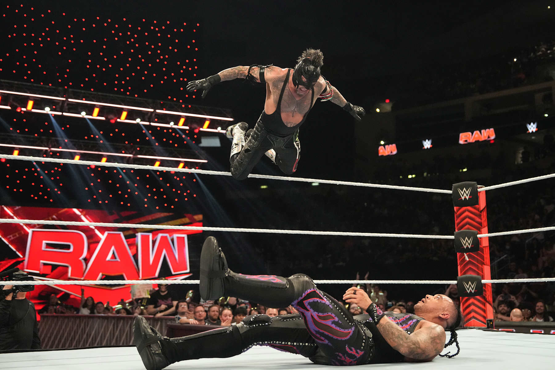 HERSHEY, PENNSYLVANIA - JUNE 03: Rey Mysterio with a big splash on Damian Priest during Monday Night RAW at Giant Center on June 3, 2024 in Hershey, Pennsylvania.  (Photo by WWE/Getty Images)