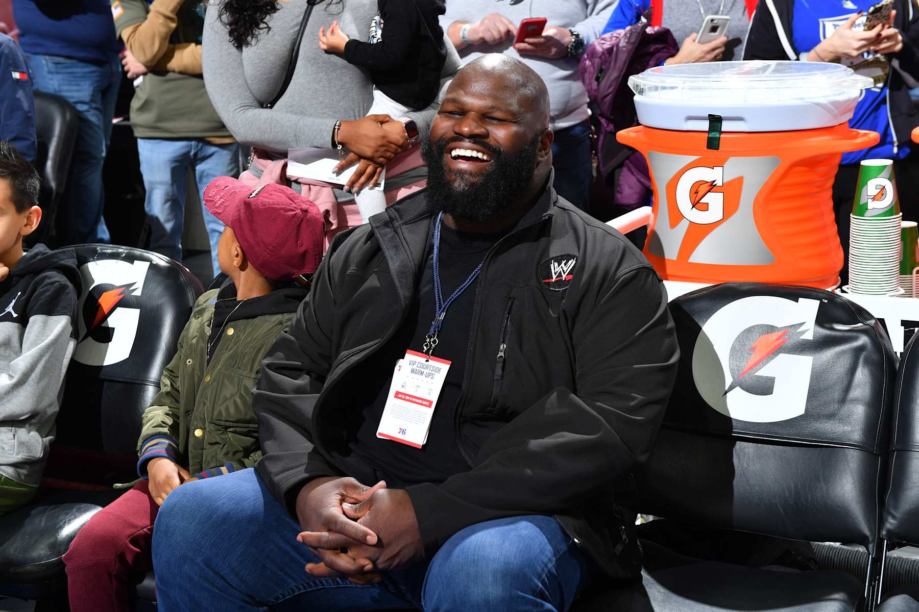 PHILADELPHIA,PA - JANUARY 20 : WWE Professional wrestler and Powerlifter  Mark Henry looks on prior to the Philadelphia 76ers against the Milwaukee Bucks at Wells Fargo Center on January 20, 2018 in Philadelphia, Pennsylvania NOTE TO USER: User expressly acknowledges and agrees that, by downloading and/or using this Photograph, user is consenting to the terms and conditions of the Getty Images License Agreement. Mandatory Copyright Notice: Copyright 2018 NBAE (Photo by Jesse D. Garrabrant/NBAE via Getty Images)