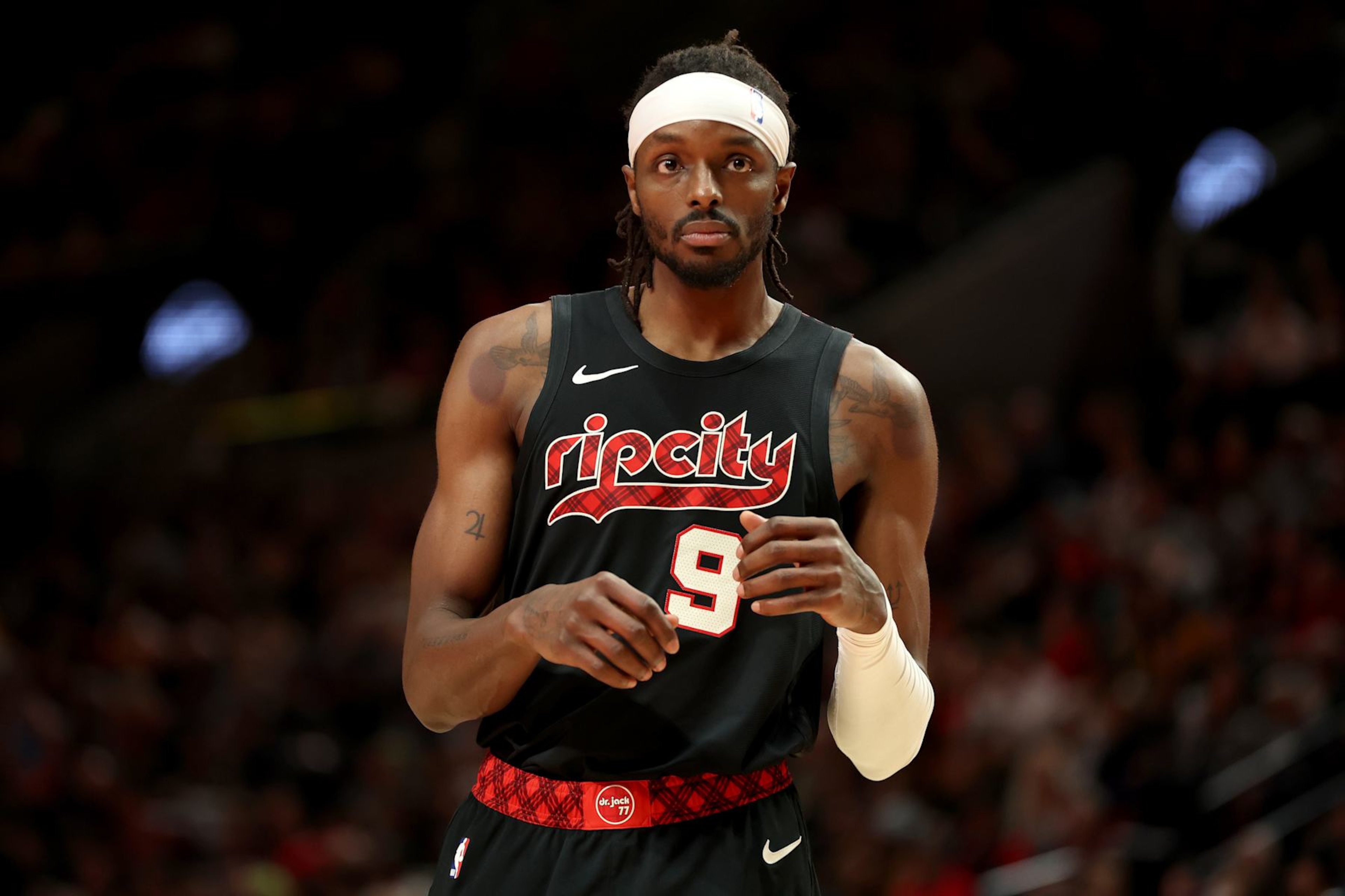 PORTLAND, OREGON - NOVEMBER 17: Jerami Grant #9 of the Portland Trail Blazers looks on during the game against the Los Angeles Lakers at Moda Center on November 17, 2023 in Portland, Oregon. NOTE TO USER: User expressly acknowledges and agrees that, by downloading and or using this photograph, User is consenting to the terms and conditions of the Getty Images License Agreement. (Photo by Steph Chambers/Getty Images)