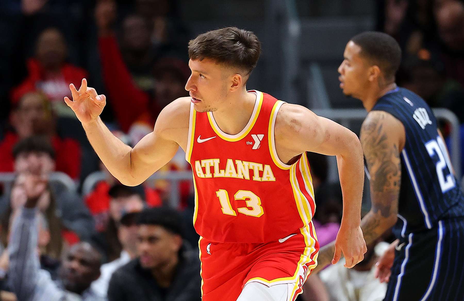 ATLANTA, GEORGIA - FEBRUARY 25:  Bogdan Bogdanovic #13 of the Atlanta Hawks reacts after hitting a three-point basket against the Atlanta Hawks during the second quarter at State Farm Arena on February 25, 2024 in Atlanta, Georgia.  NOTE TO USER: User expressly acknowledges and agrees that, by downloading and/or using this photograph, user is consenting to the terms and conditions of the Getty Images License Agreement.  (Photo by Kevin C. Cox/Getty Images)