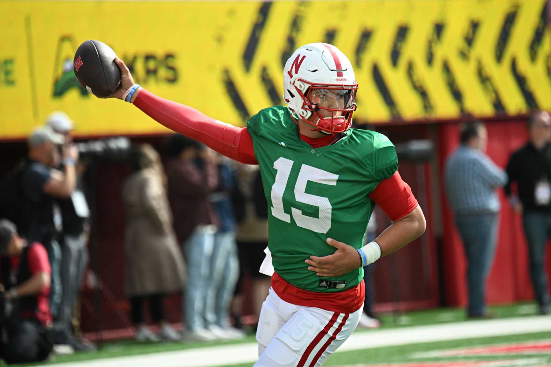 LINCOLN, NEBRASKA - APRIL 27: Dylan Raiola #15 of the Nebraska Cornhuskers warms up at the Nebraska Spring Football Game at Memorial Stadium on April 27, 2024 in Lincoln, Nebraska. (Photo by Steven Branscombe/Getty Images)