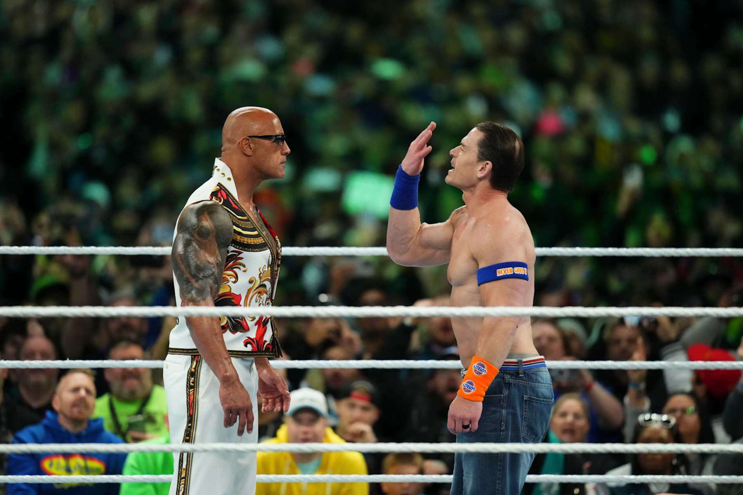 PHILADELPHIA, PENNSYLVANIA - APRIL 7: The Rock fights against John Cena on Night Two at WrestleMania 40 at Lincoln Financial Field on April 7, 2024 in Philadelphia, Pennsylvania. (Photo by WWE/Getty Images)