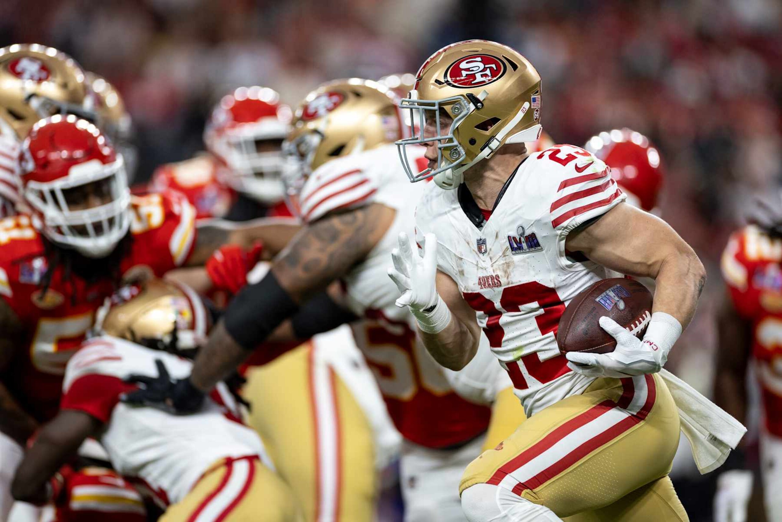 LAS VEGAS, NEVADA - FEBRUARY 11: Christian McCaffrey #23 of the San Francisco 49ers runs with the ball during the NFL Super Bowl 58 football game between the San Francisco 49ers and the Kansas City Chiefs at Allegiant Stadium on February 11, 2024 in Las Vegas, Nevada. (Photo by Michael Owens/Getty Images)