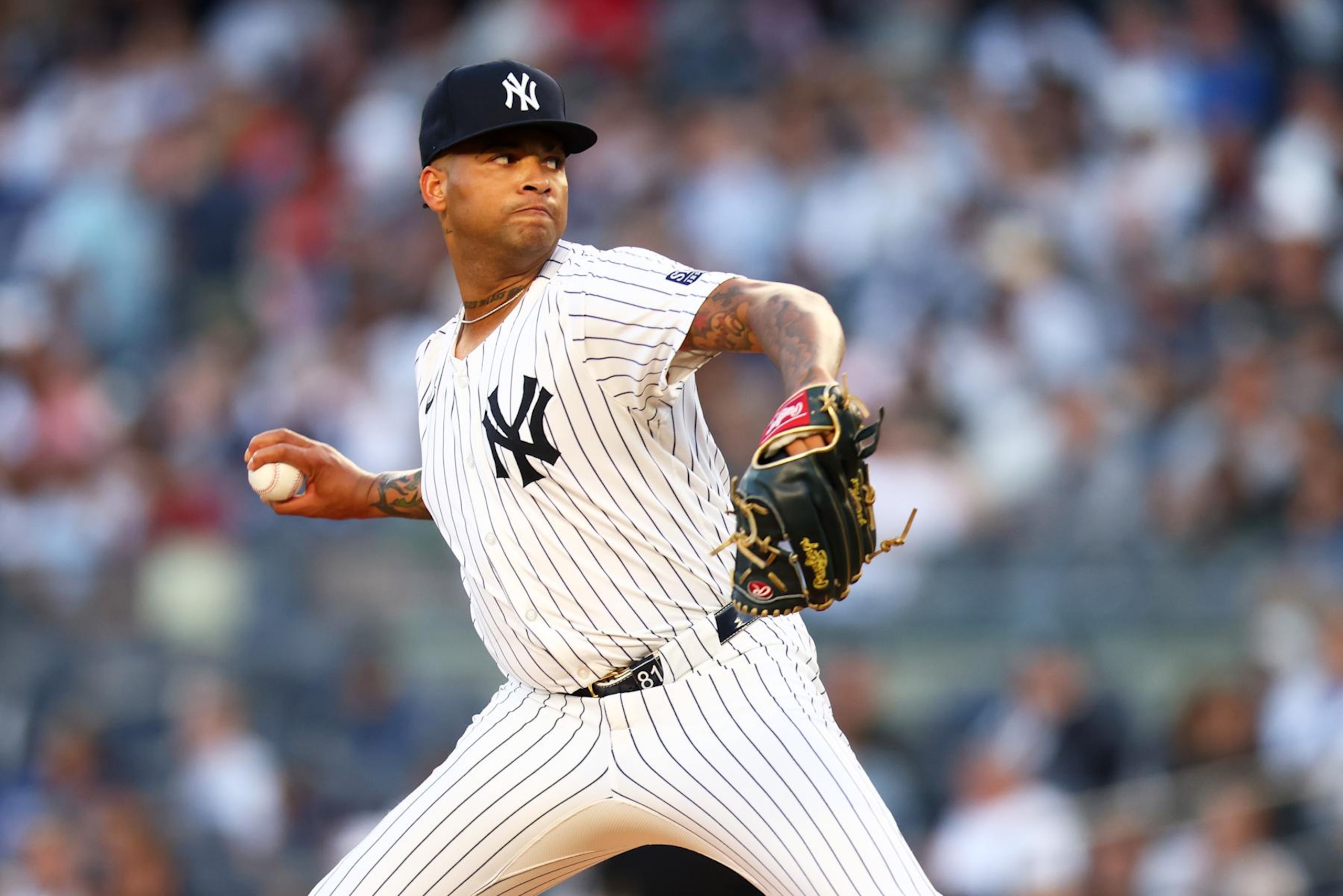 NEW YORK, NEW YORK - AUGUST 20: Luis Gil #81 of the New York Yankees pitches in the first inning against the Cleveland Guardians at Yankee Stadium on August 20, 2024 in New York City. (Photo by Mike Stobe/Getty Images)