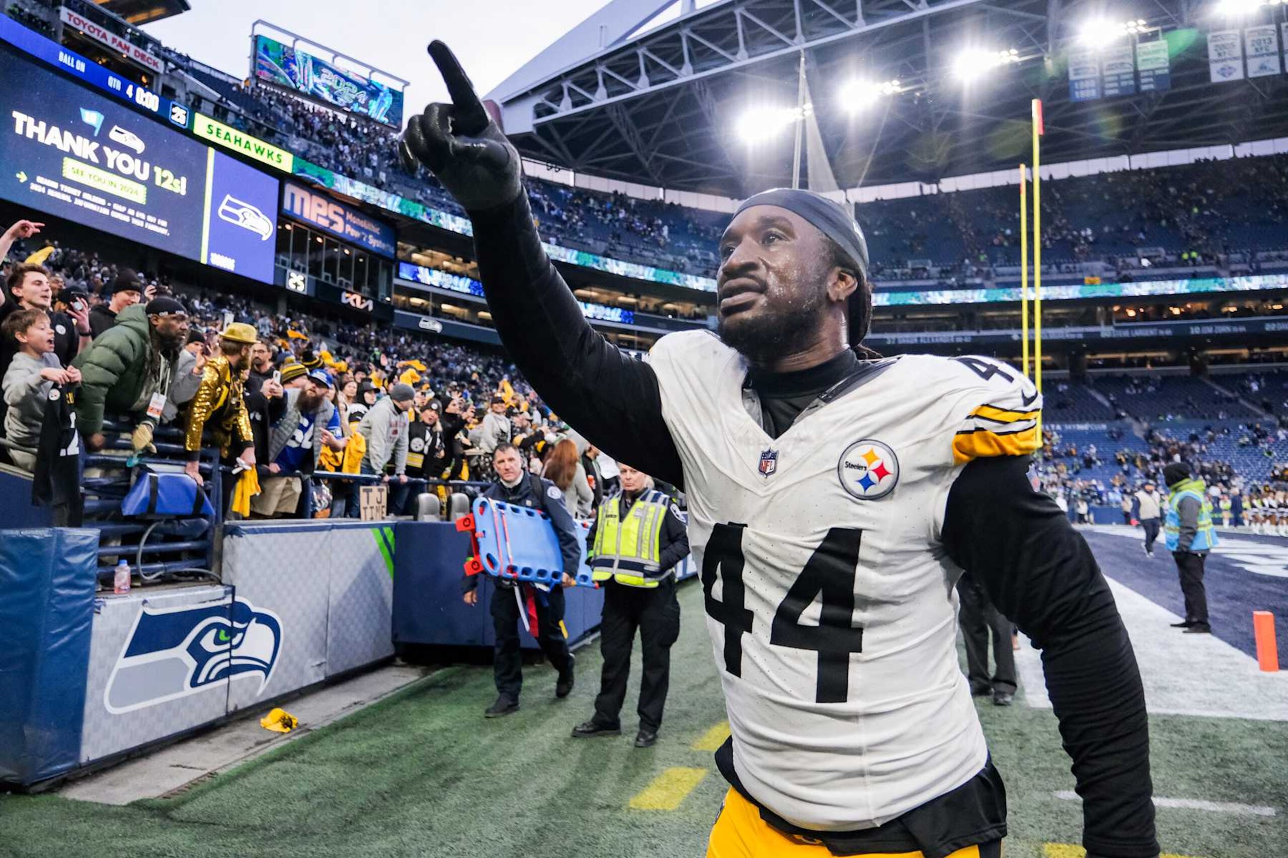 SEATTLE, WASHINGTON - DECEMBER 31: Markus Golden #44 of the Pittsburgh Steelers leaves the field after beating the Seattle Seahawks 30-23 at Lumen Field on December 31, 2023 in Seattle, Washington. (Photo by Conor Courtney/Getty Images)