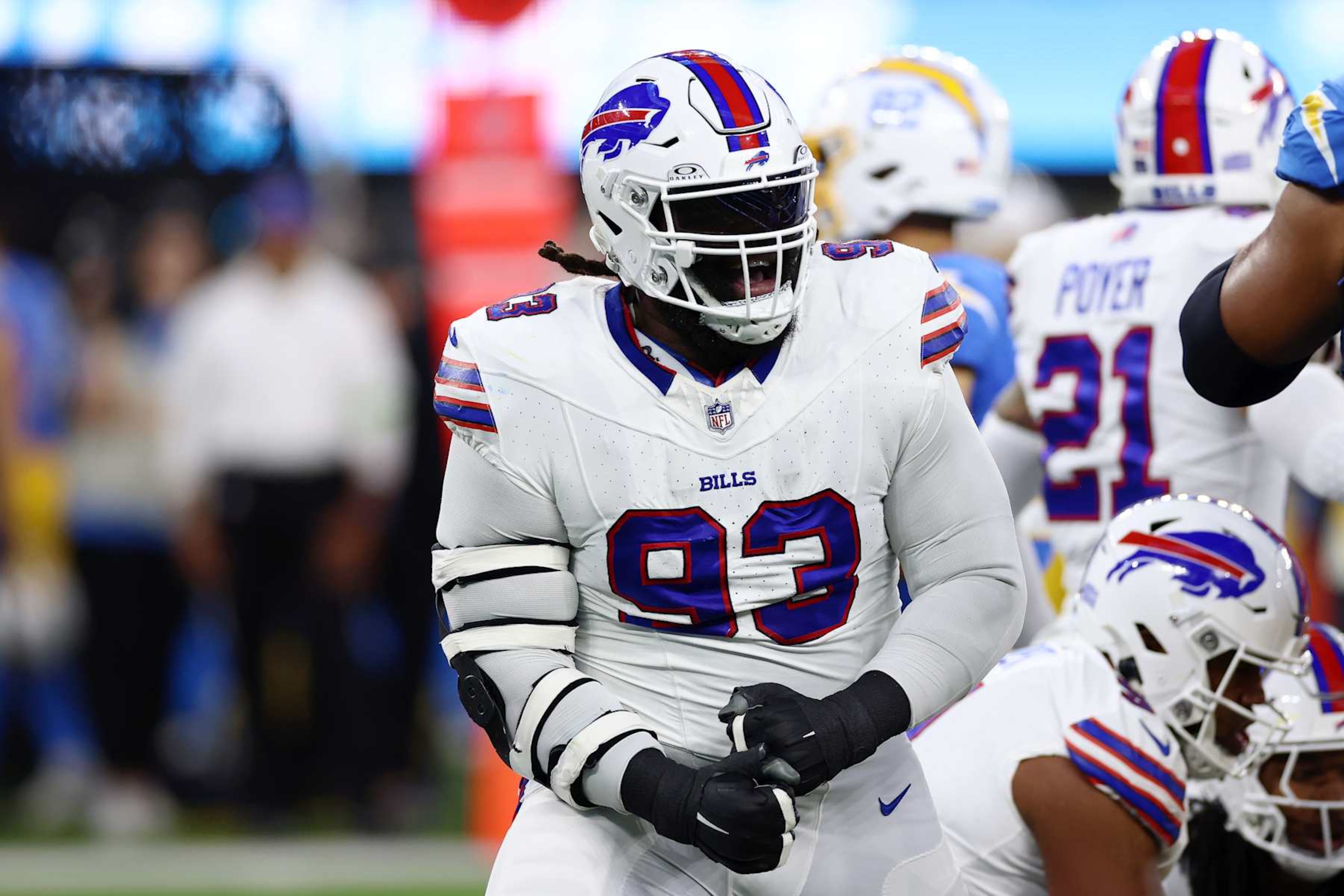 INGLEWOOD, CALIFORNIA - DECEMBER 23: Linval Joseph #93 of the Buffalo Bills celebrates a stop during the first quarter against the Los Angeles Chargers at SoFi Stadium on December 23, 2023 in Inglewood, California. (Photo by Katelyn Mulcahy/Getty Images) INGLEWOOD, CALIFORNIA - DECEMBER 23: Linval Joseph #93 of the Buffalo Bills celebrates a stop during the first quarter against the Los Angeles Chargers at SoFi Stadium on December 23, 2023 in Inglewood, California. (Photo by Katelyn Mulcahy/Getty Images)
