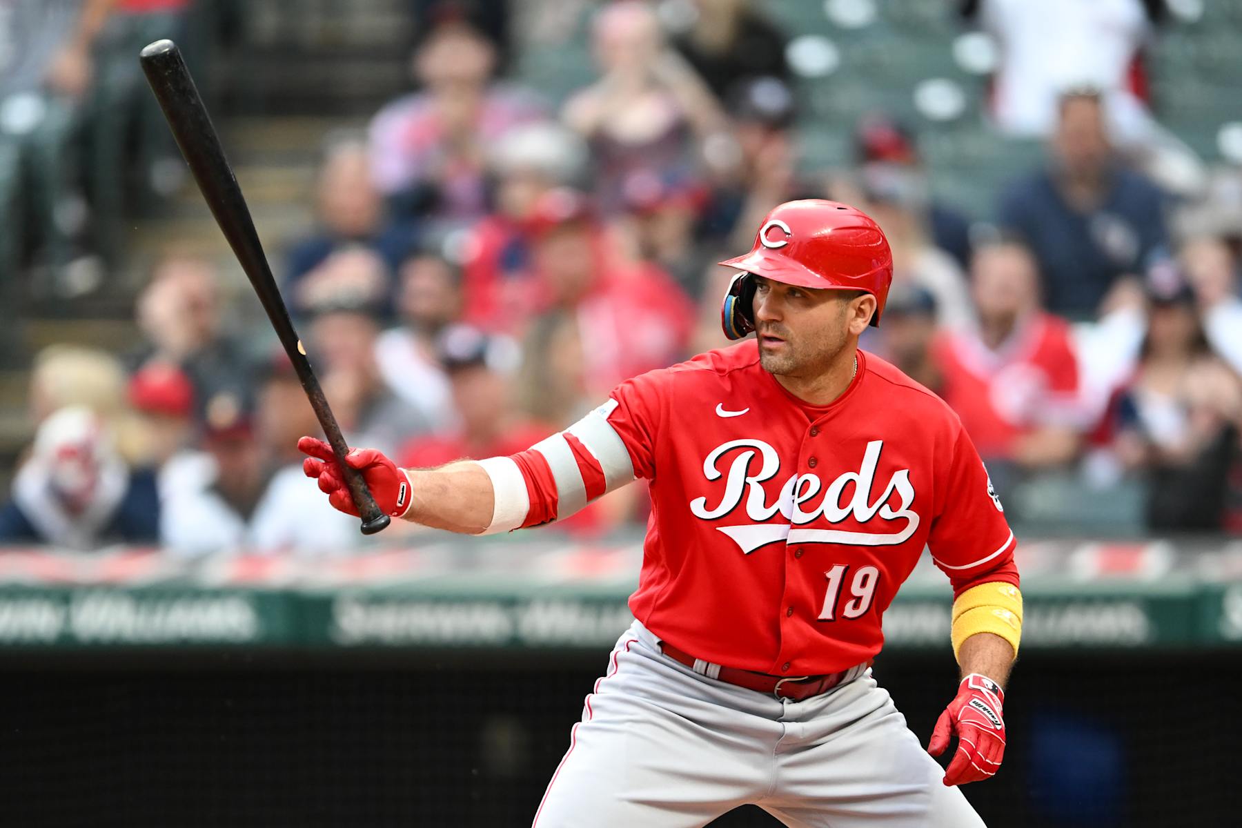 CLEVELAND, OHIO - SEPTEMBER 26, 2023: Joey Votto #19 of the Cincinnati Reds bats during the second inning against the Cleveland Guardians at Progressive Field on September 26, 2023 in Cleveland, Ohio. (Photo by Nick Cammett/Diamond Images via Getty Images)