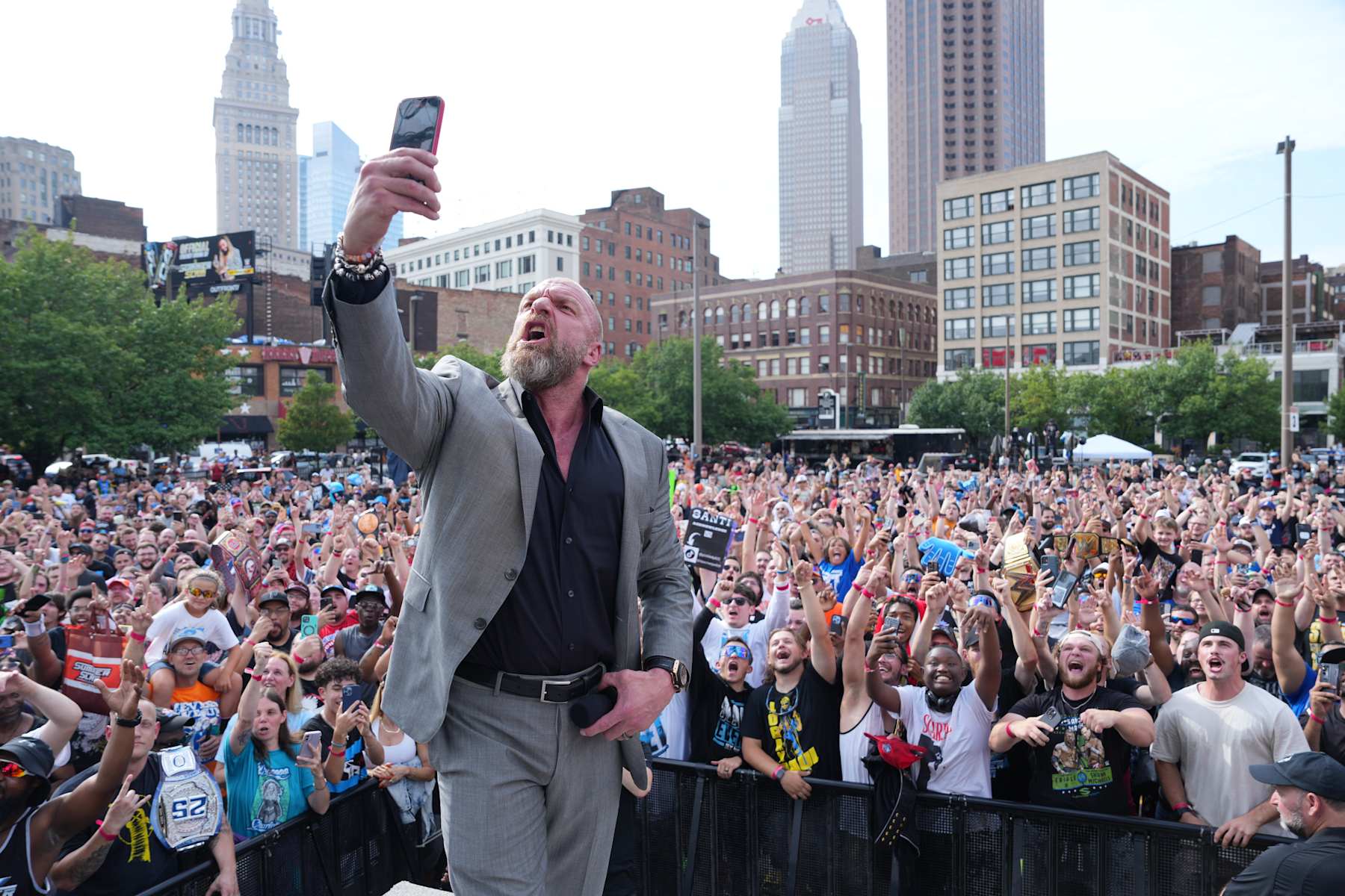 CLEVELAND, OHIO - AUGUST 2: Paul "Triple H" Levesque with the crowd during the WWE SummerSlam Kickoff at Rocket Mortgage FieldHouse on August 2, 2024 in Cleveland, Ohio. (Photo by WWE/Getty Images)