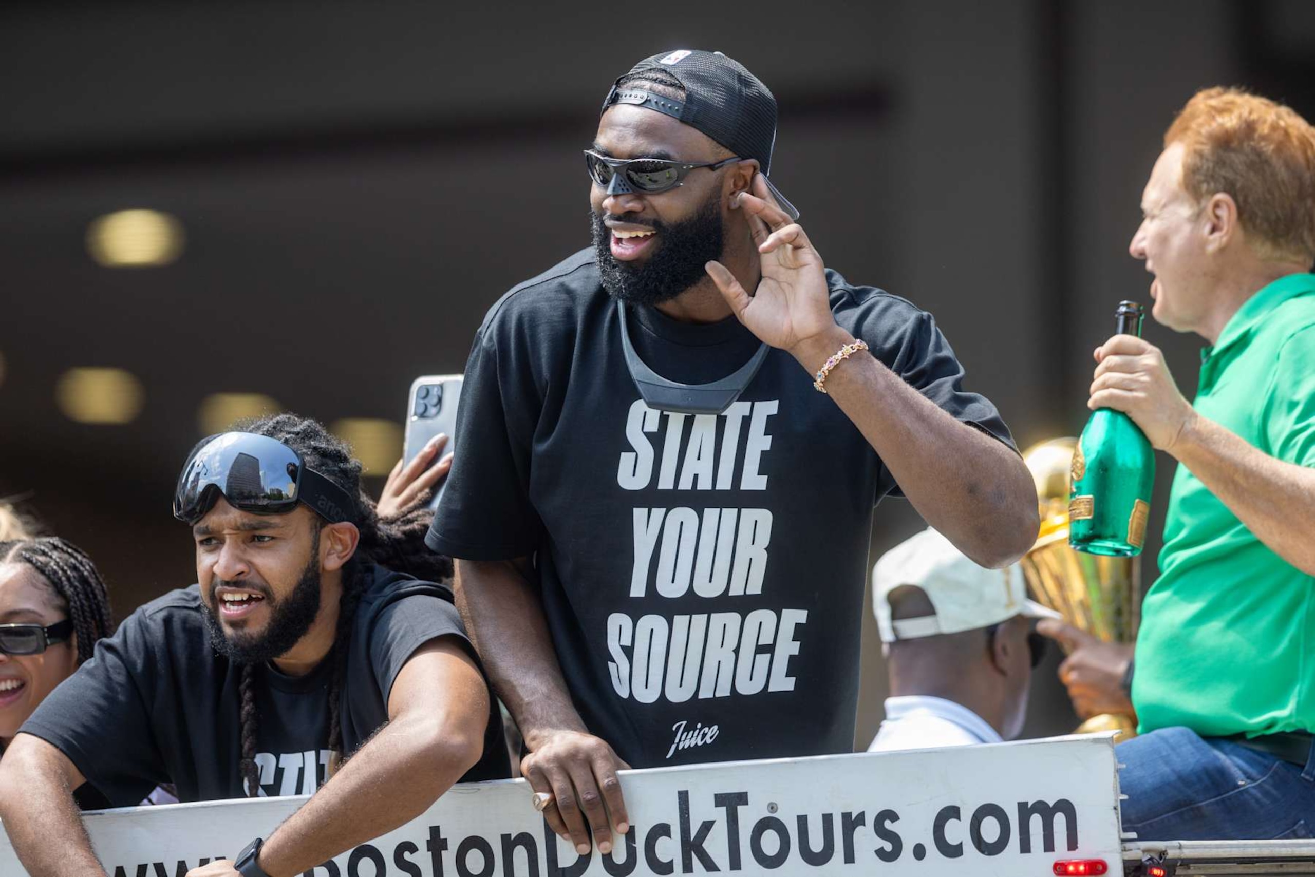 BOSTON, MASSACHUSETTS - JUNE 21: Jaylen Brown #7 of the Boston Celtics during the Boston Celtics Victory Parade following their 2024 NBA Finals win at TD Garden on June 21, 2024 in Boston, Massachusetts. (Photo by Scott Eisen/Getty Images)