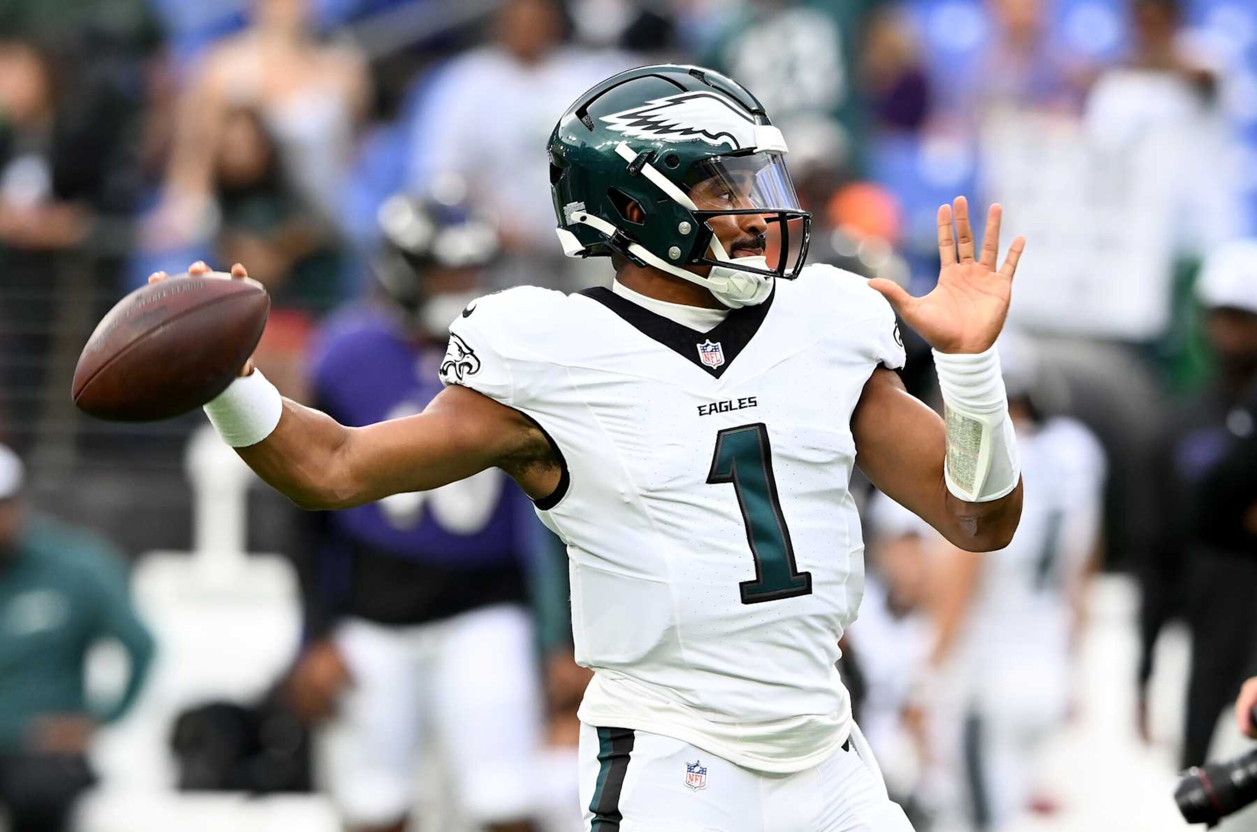 BALTIMORE, MARYLAND - AUGUST 09: Jalen Hurts #1 of the Philadelphia Eagles warms up before the preseason game against the Baltimore Ravens at M&T Bank Stadium on August 09, 2024 in Baltimore, Maryland. (Photo by Greg Fiume/Getty Images)