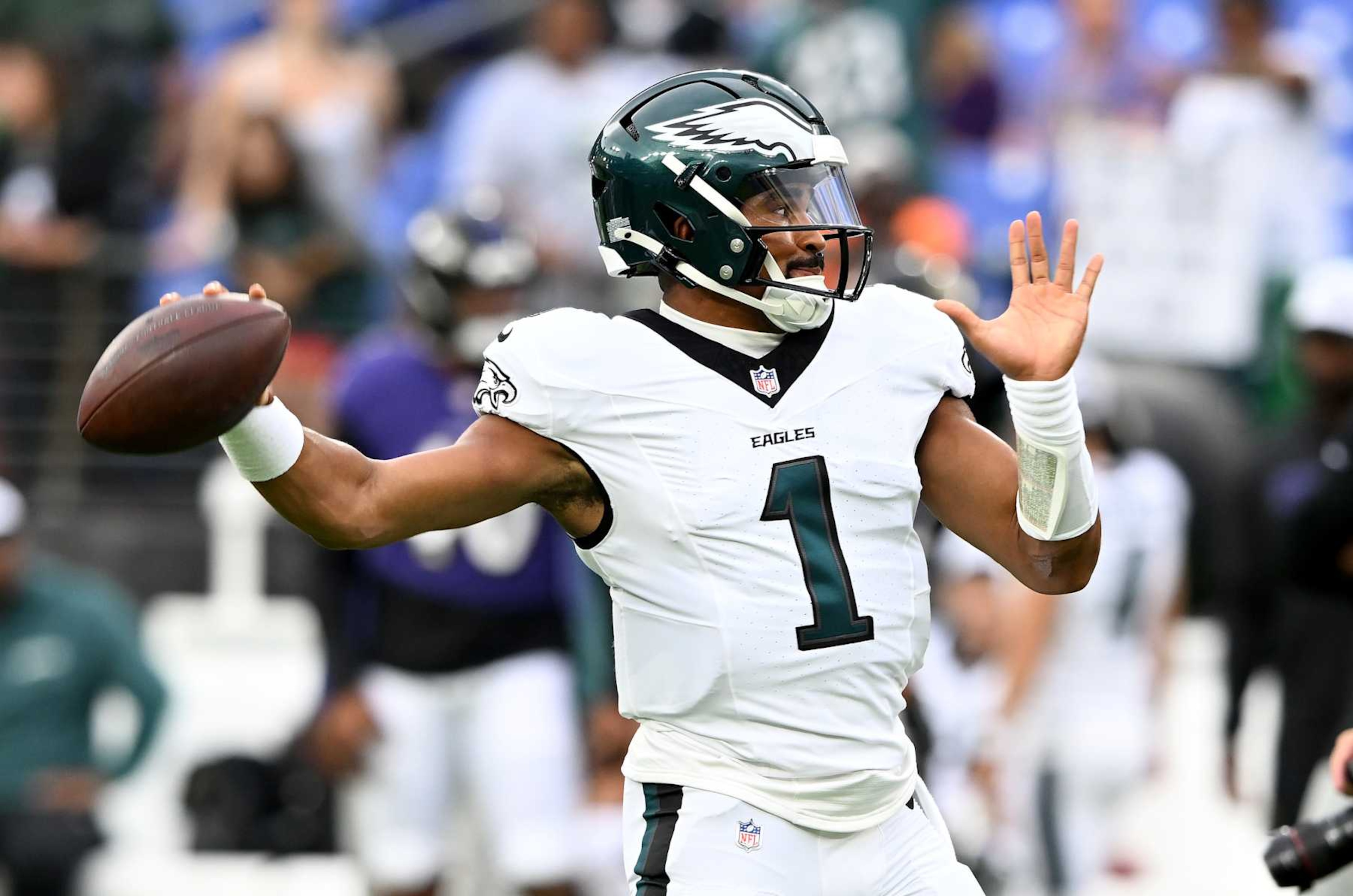 BALTIMORE, MARYLAND - AUGUST 09: Jalen Hurts #1 of the Philadelphia Eagles warms up before the preseason game against the Baltimore Ravens at M&T Bank Stadium on August 09, 2024 in Baltimore, Maryland. (Photo by Greg Fiume/Getty Images)